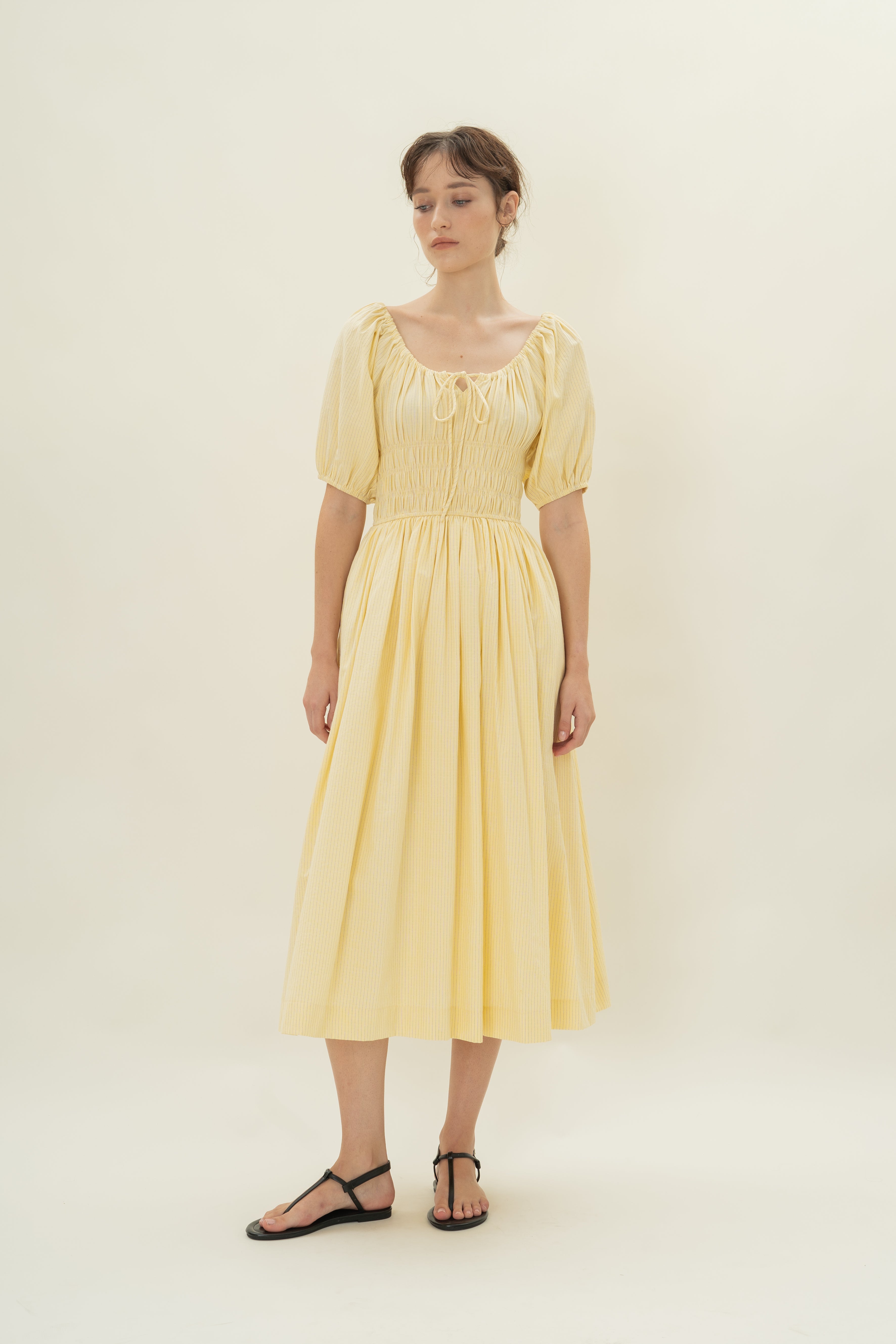 Shirred Waist Puff Sleeve Dress in Lemon Stripes