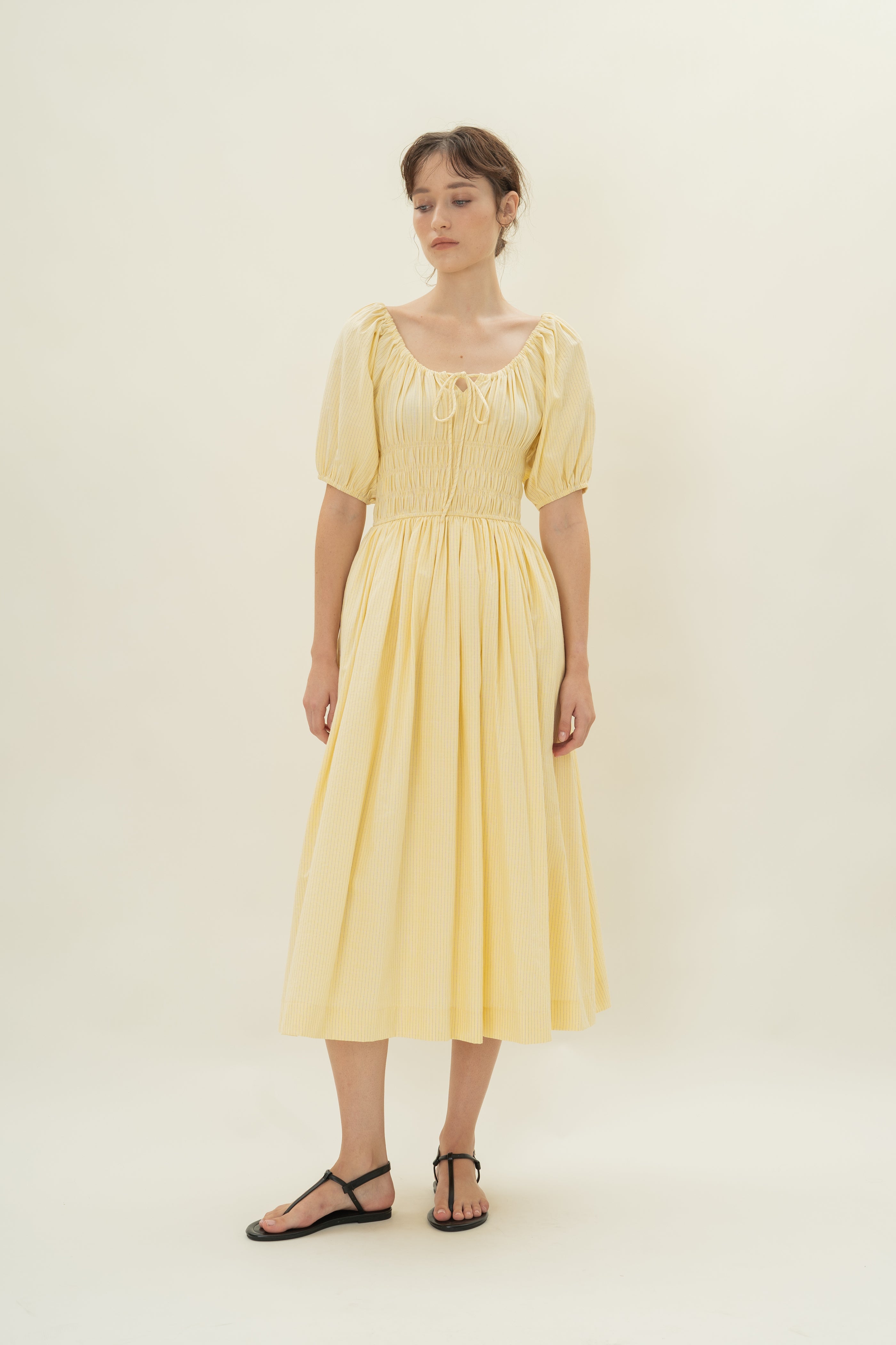 Shirred Waist Puff Sleeve Dress in Lemon Stripes