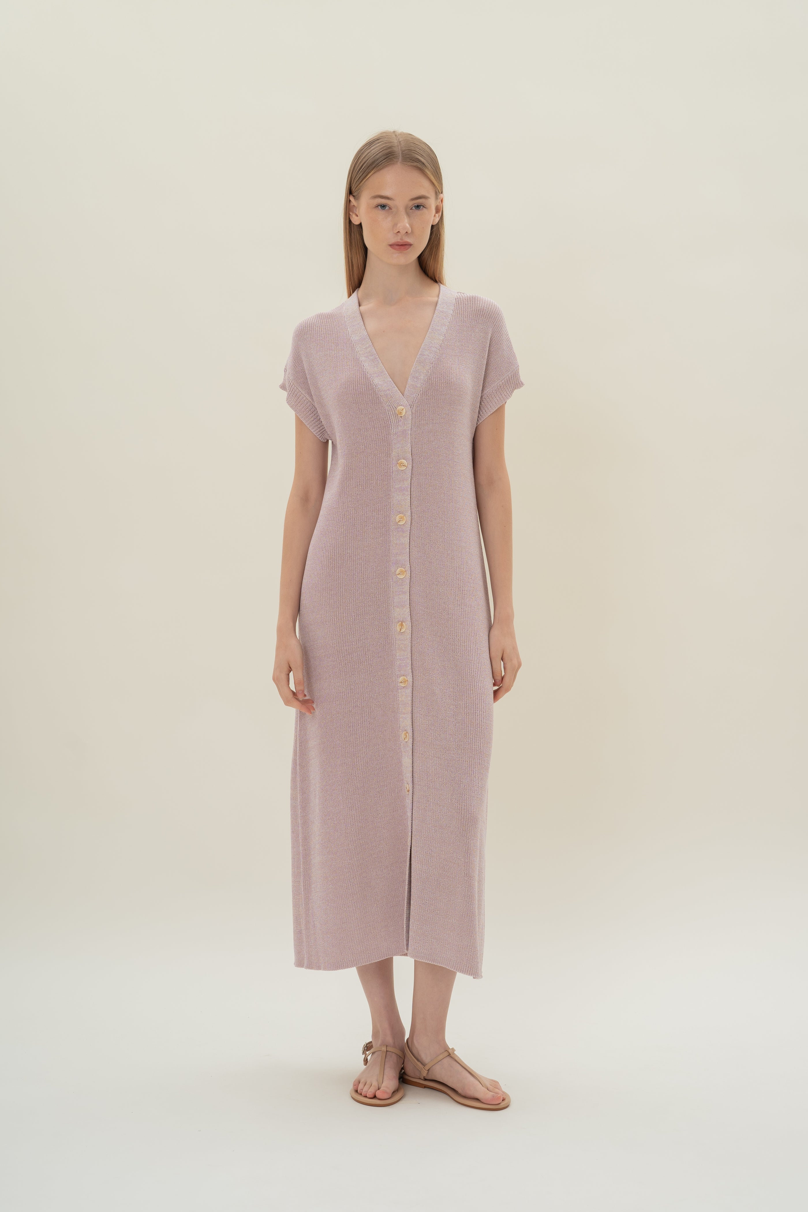 Button Front Melange Knit Dress in Lavender Mist