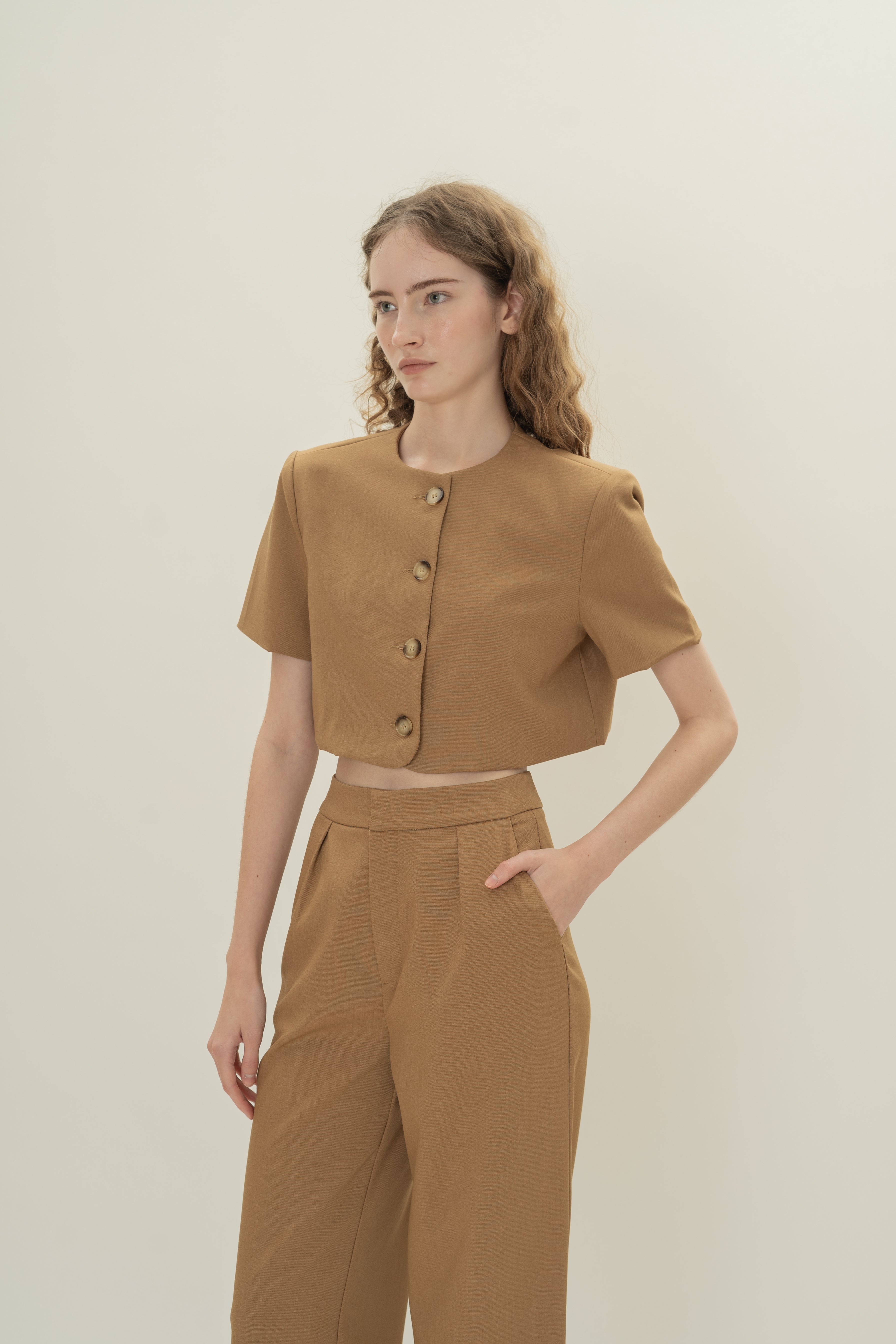 Collarless Short Sleeved Jacket in Camel