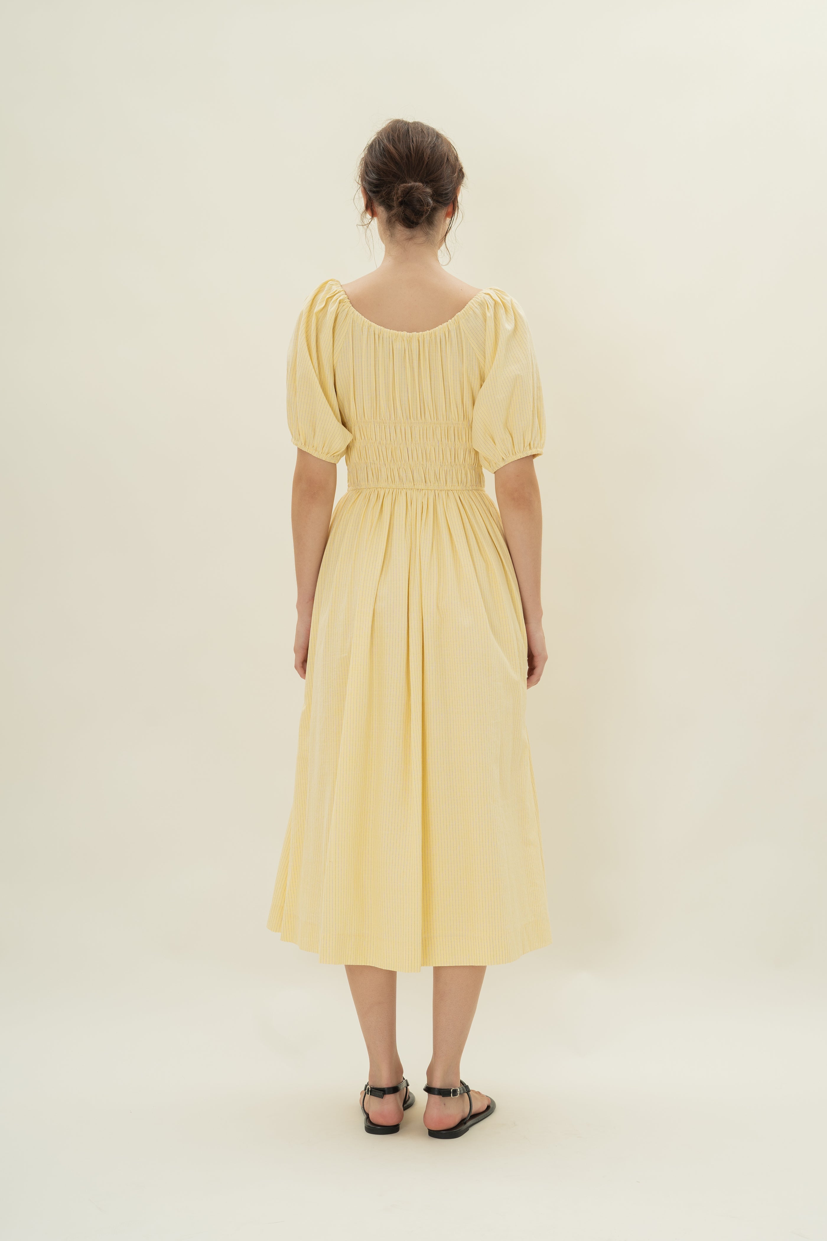 Shirred Waist Puff Sleeve Dress in Lemon Stripes