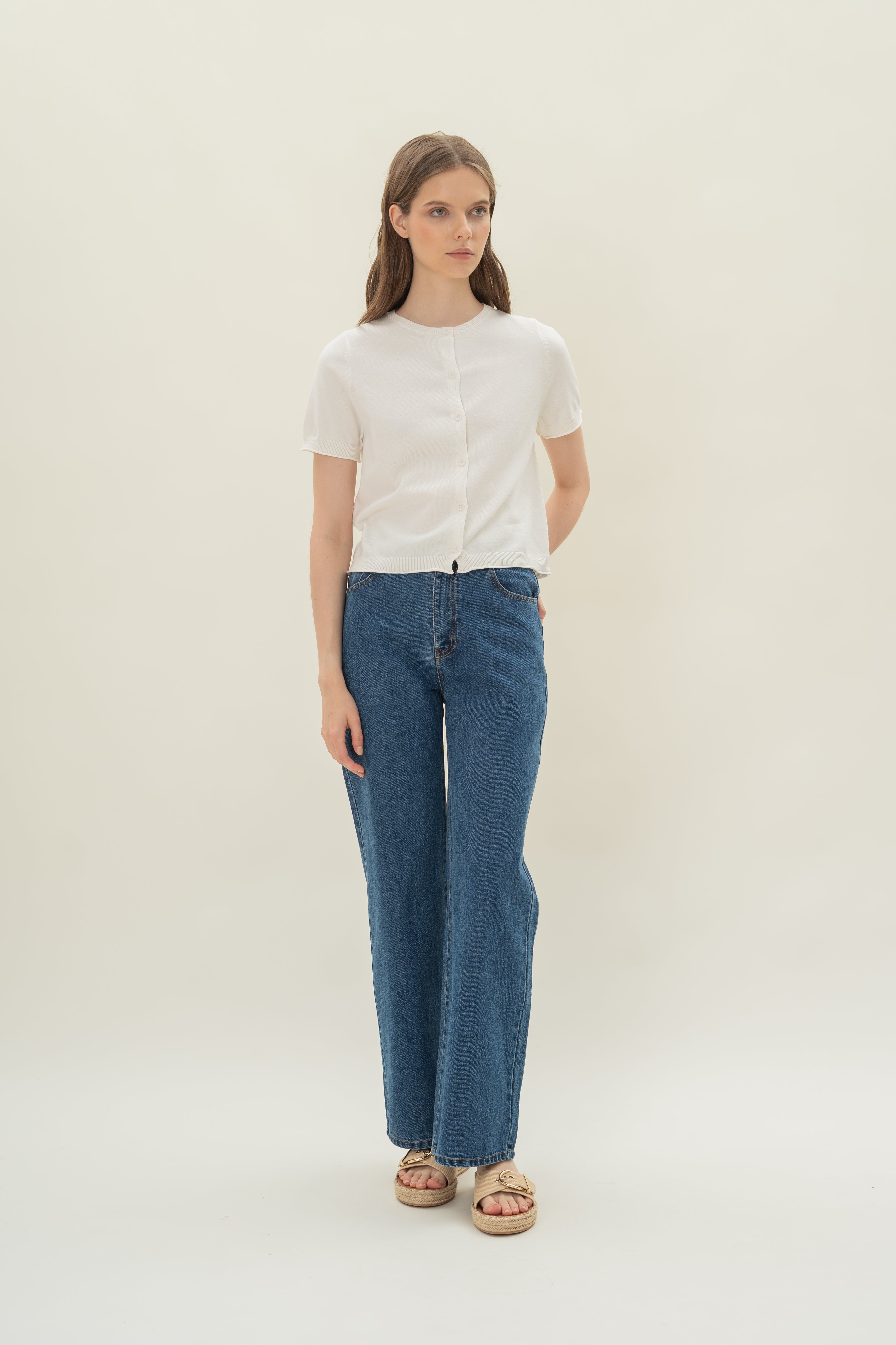 Short Sleeve Button Up Cardigan in White