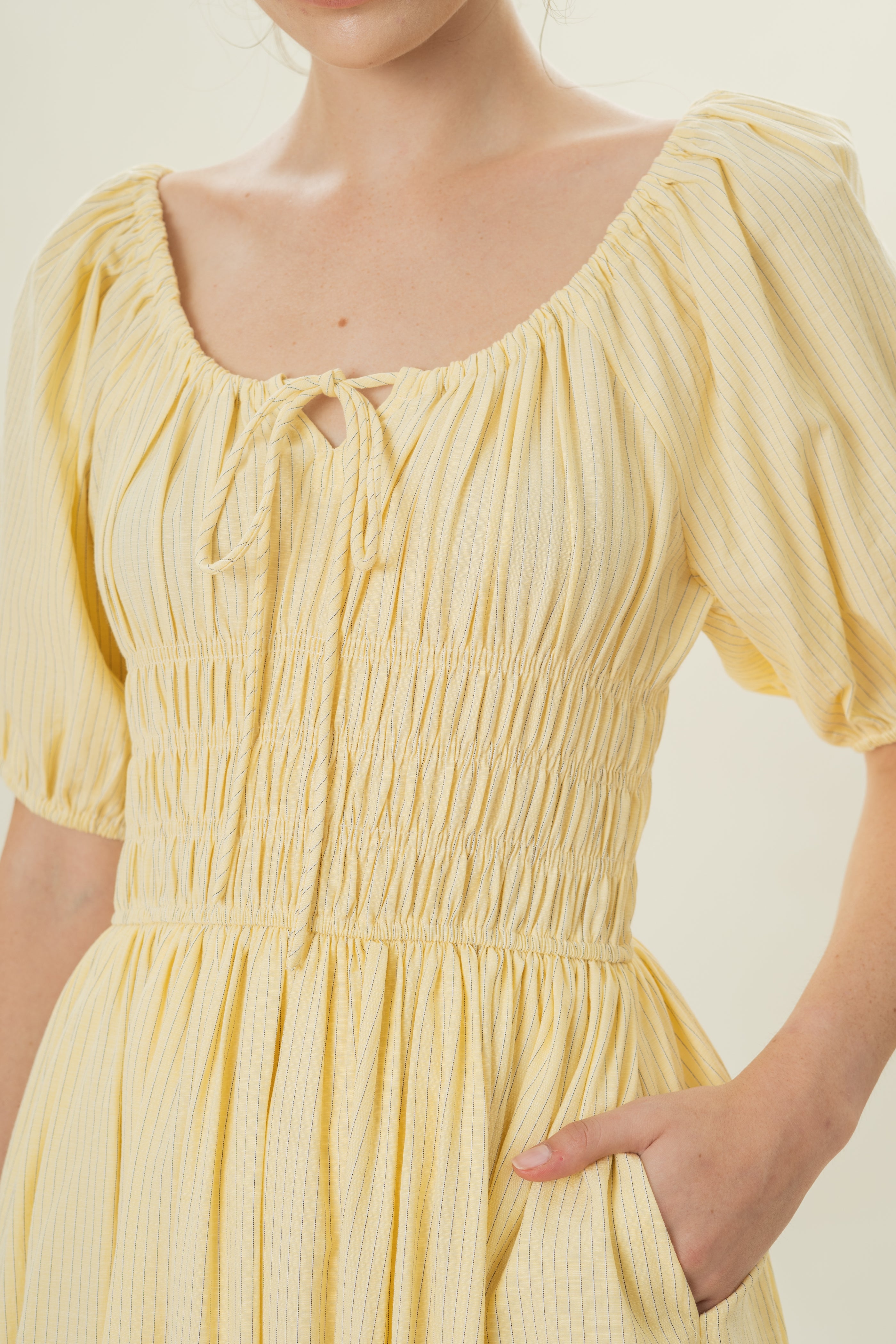 Shirred Waist Puff Sleeve Dress in Lemon Stripes