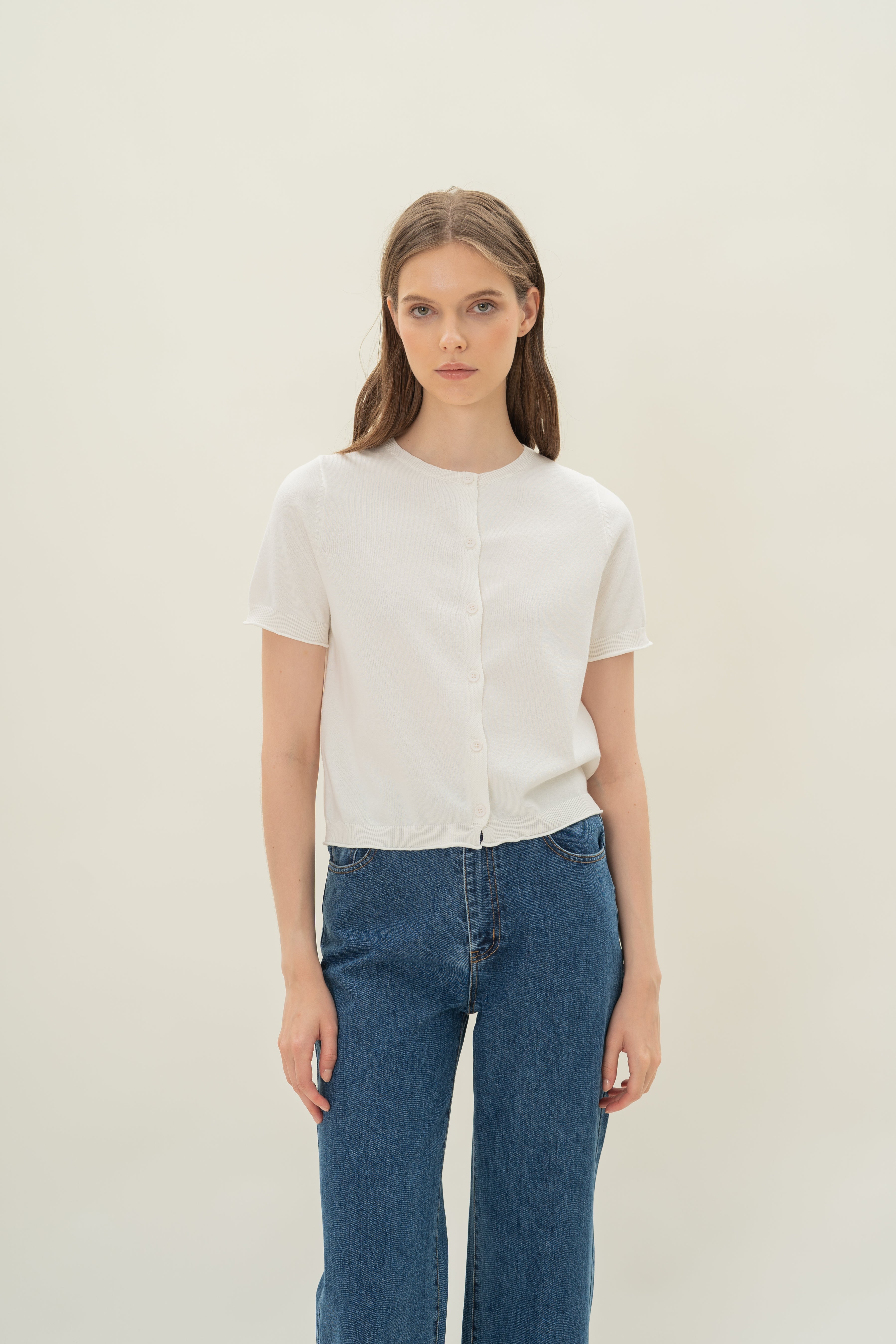Short Sleeve Button Up Cardigan in White