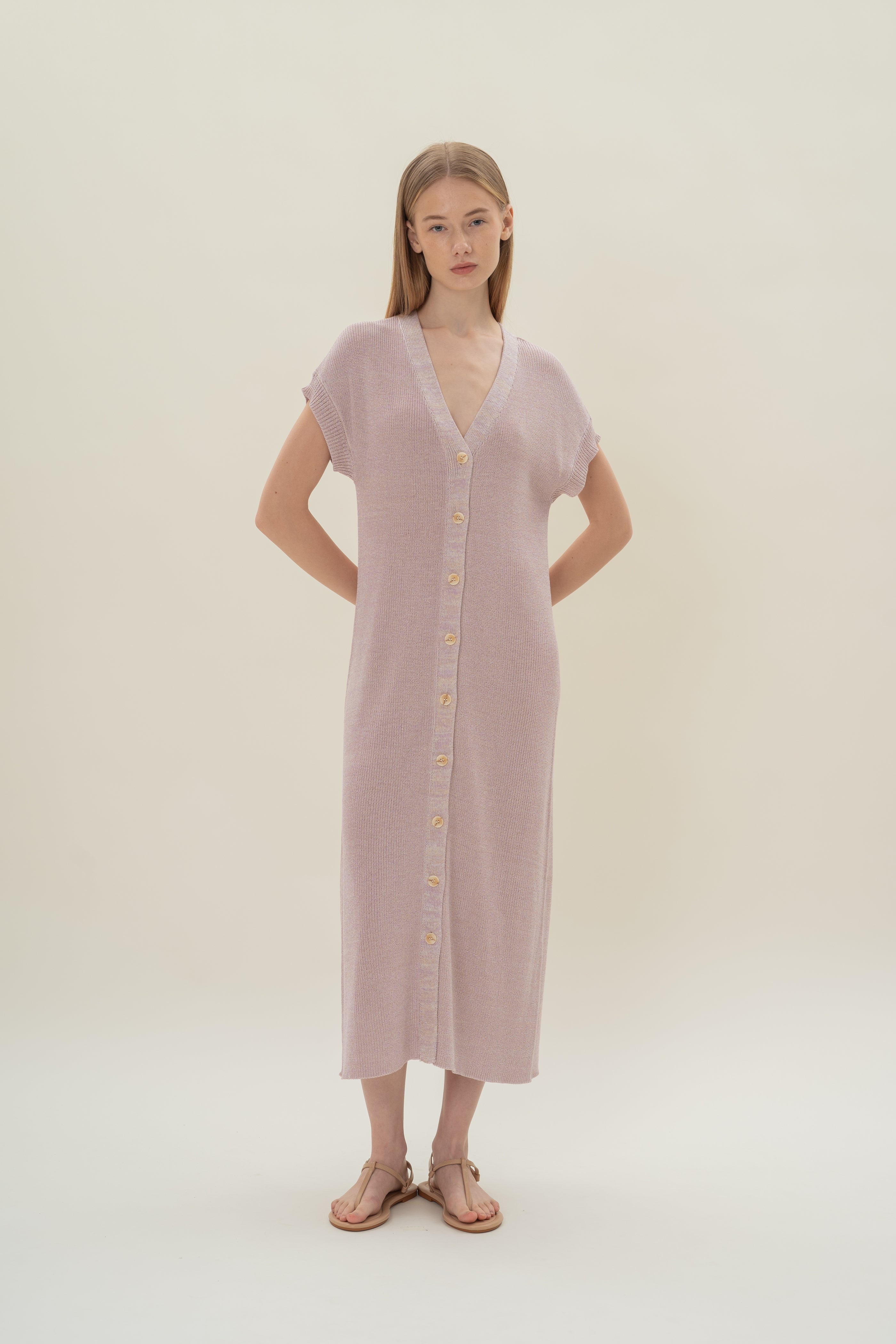 Button Front Melange Knit Dress in Lavender Mist