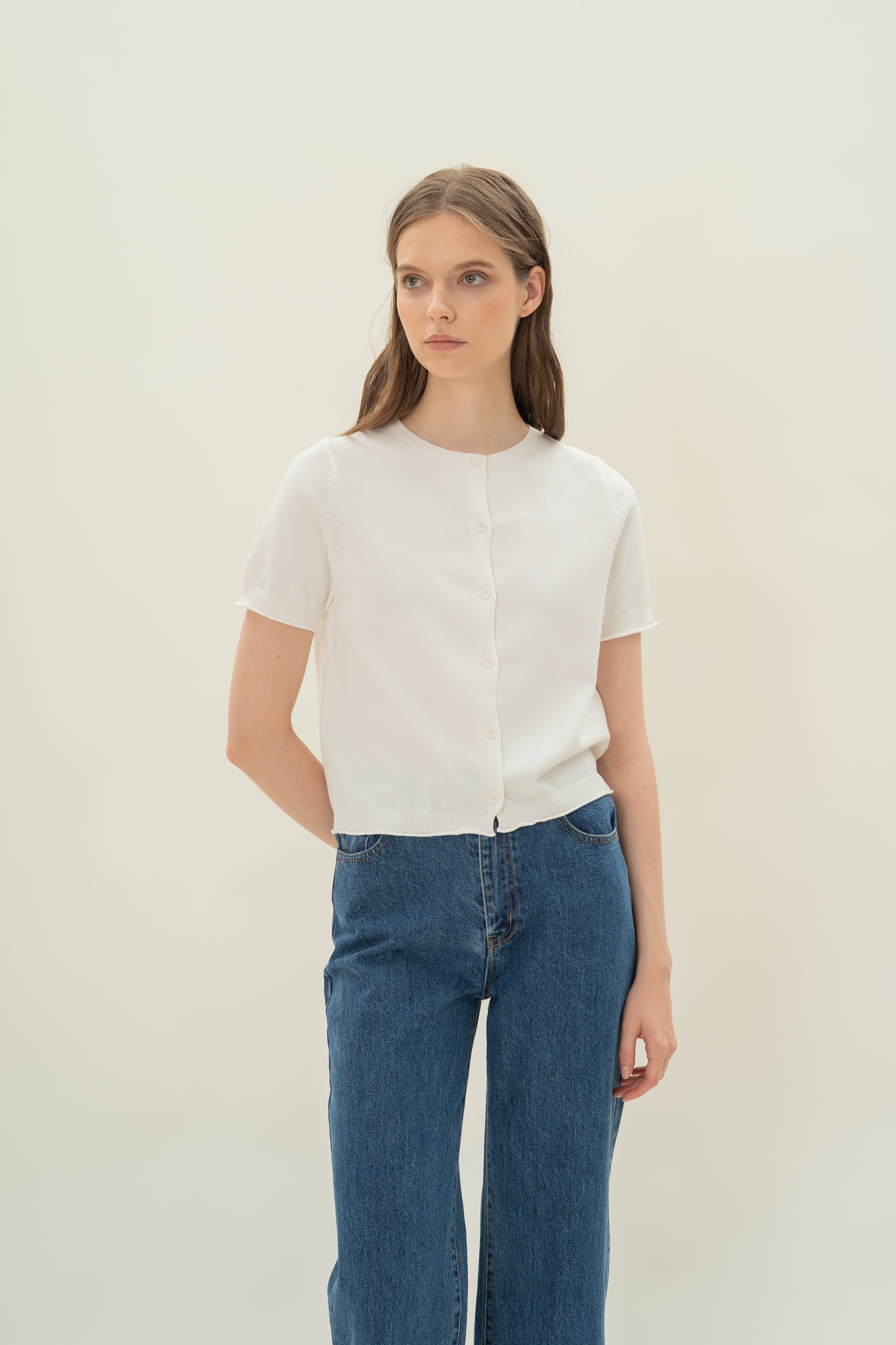 Short Sleeve Button Up Cardigan in White
