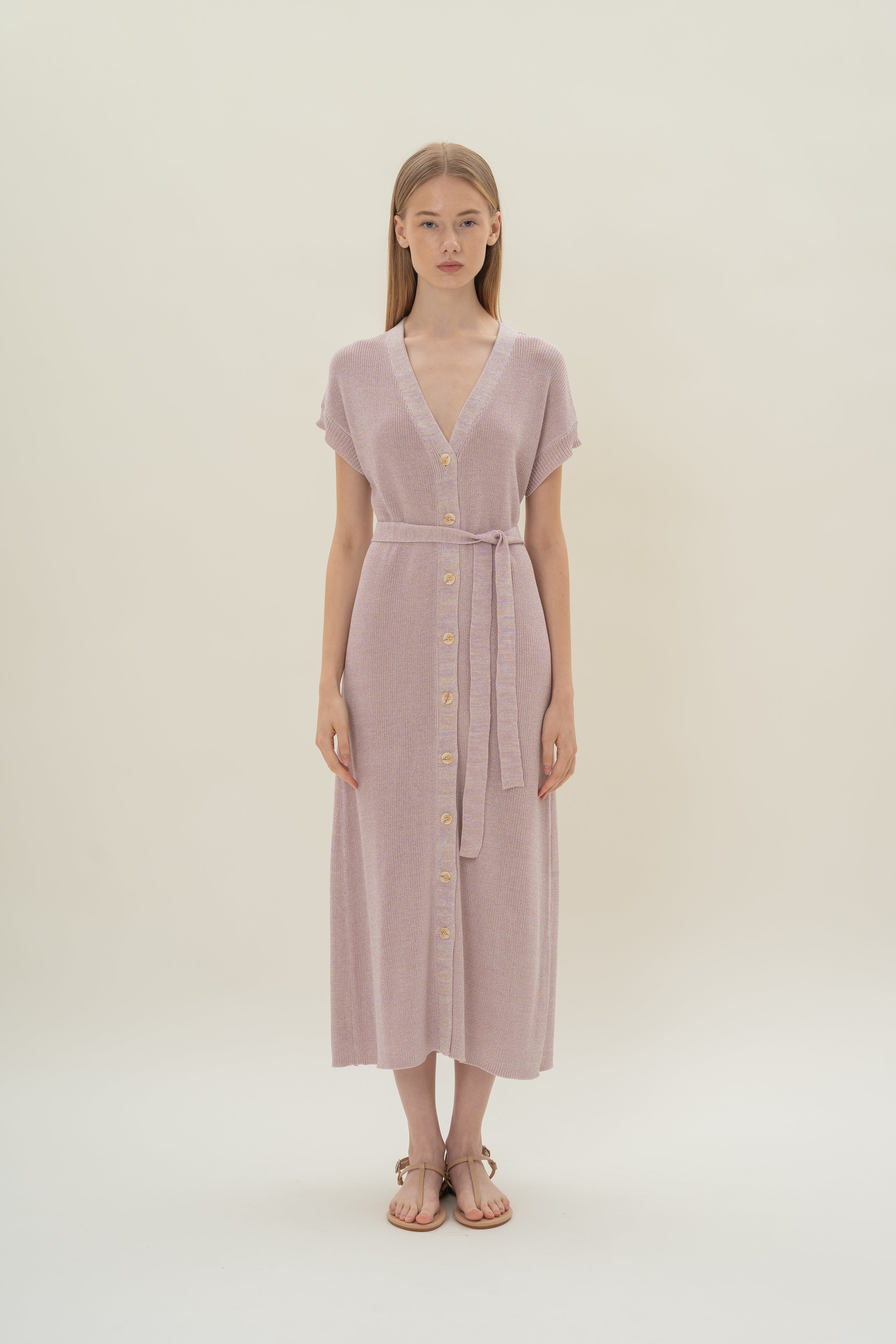 Button Front Melange Knit Dress in Lavender Mist