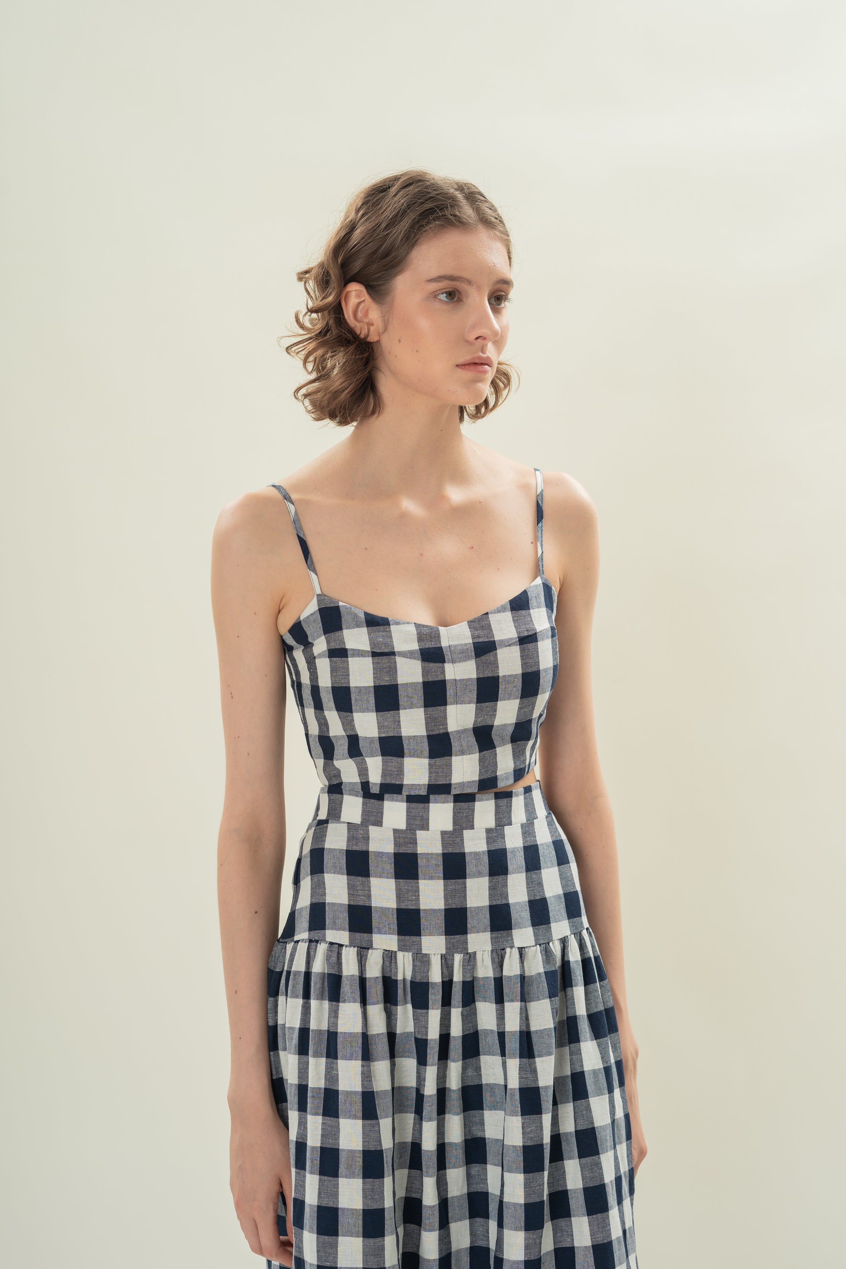 Padded Bustier Cropped Tank in Navy Gingham