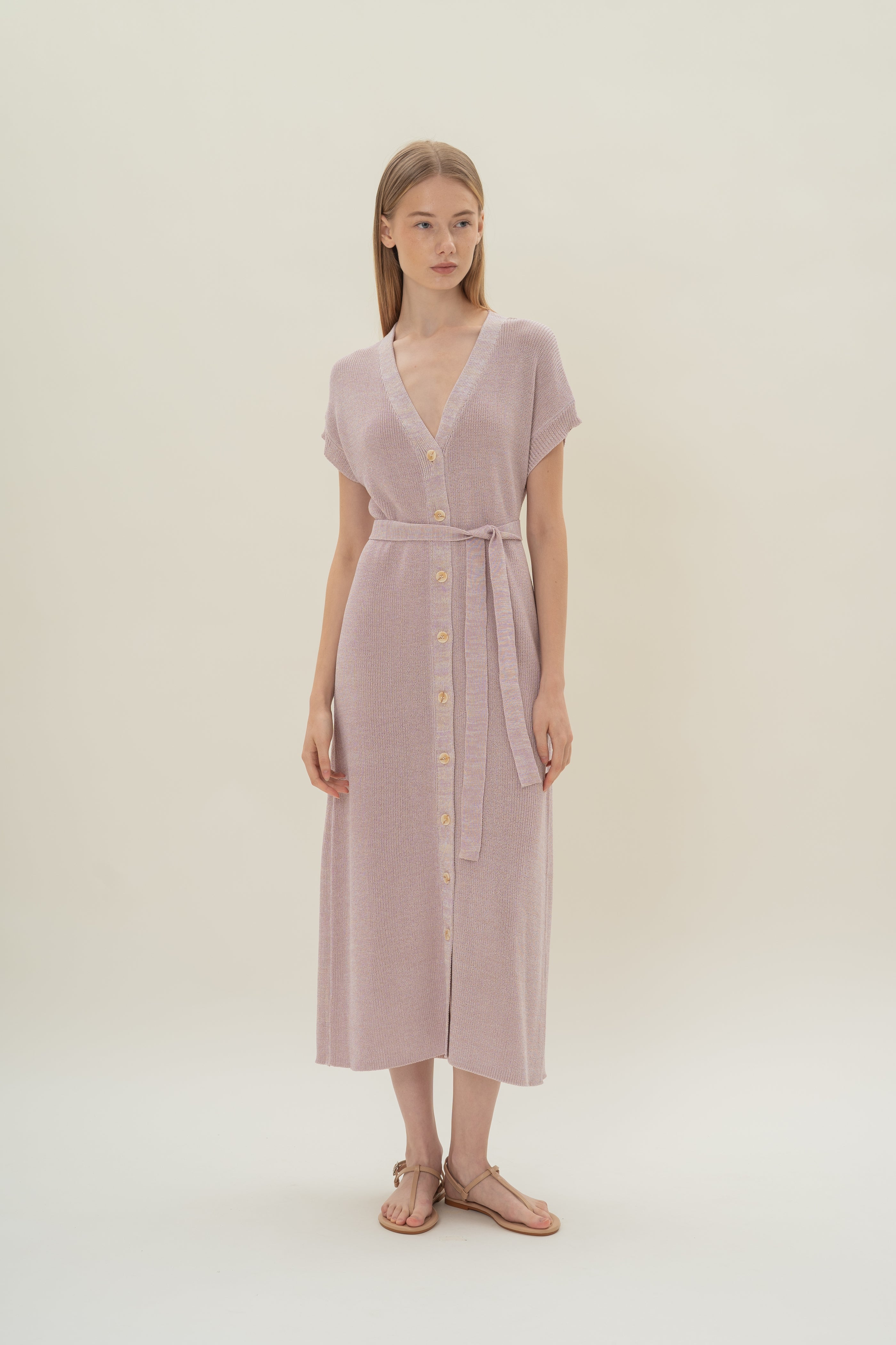 Button Front Melange Knit Dress in Lavender Mist