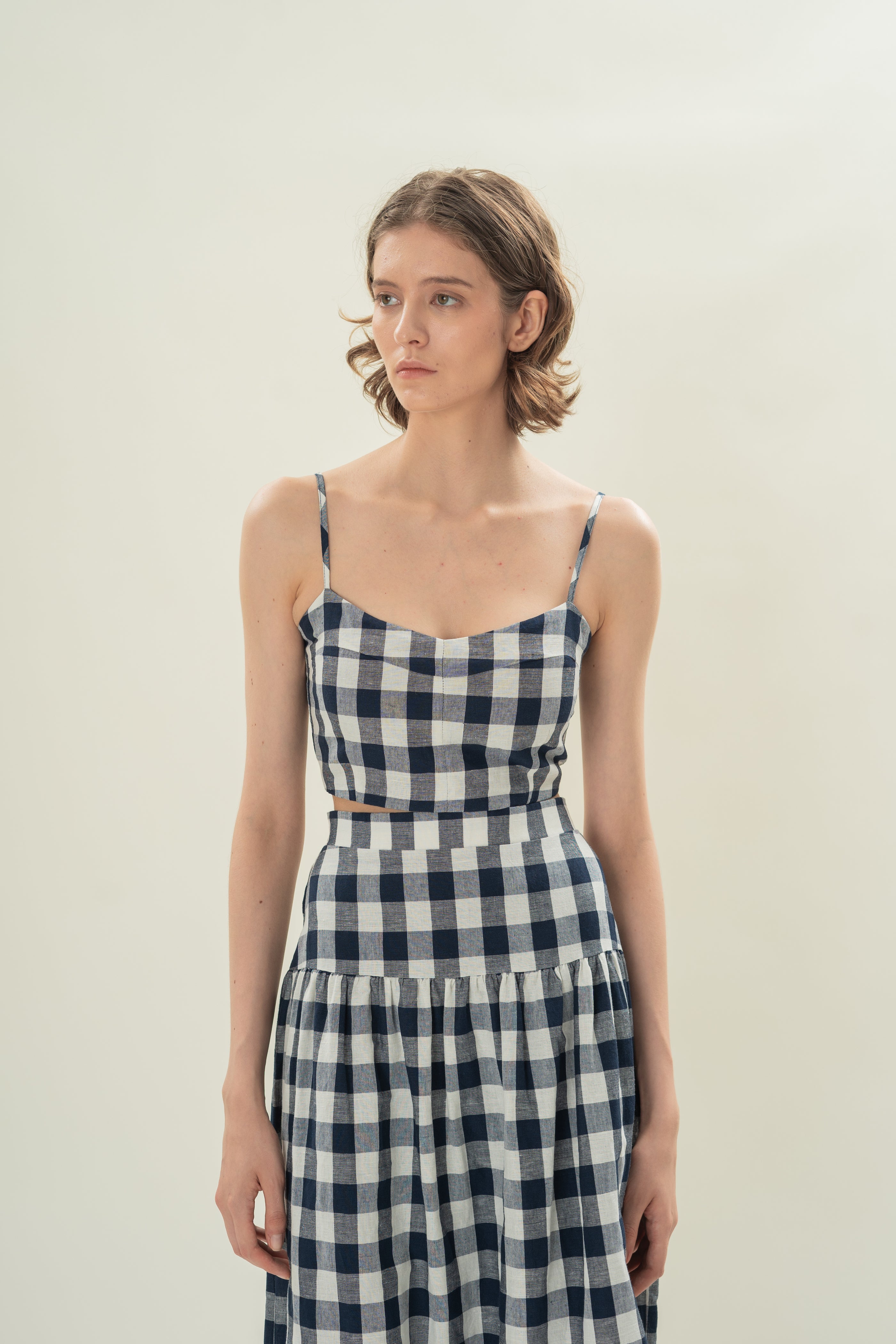 Padded Bustier Cropped Tank in Navy Gingham