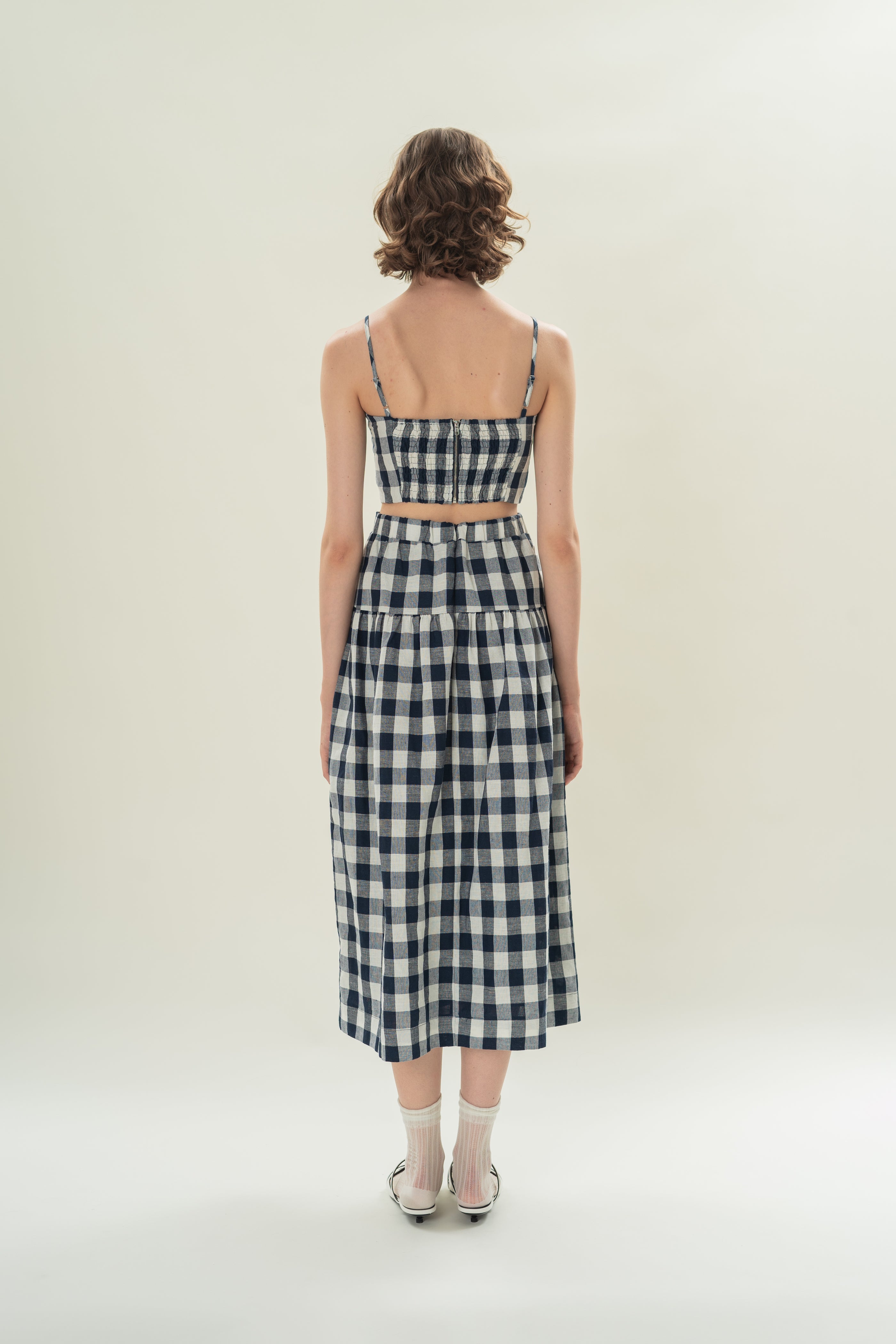 Draped Twist Knot Toga Top in Navy Gingham