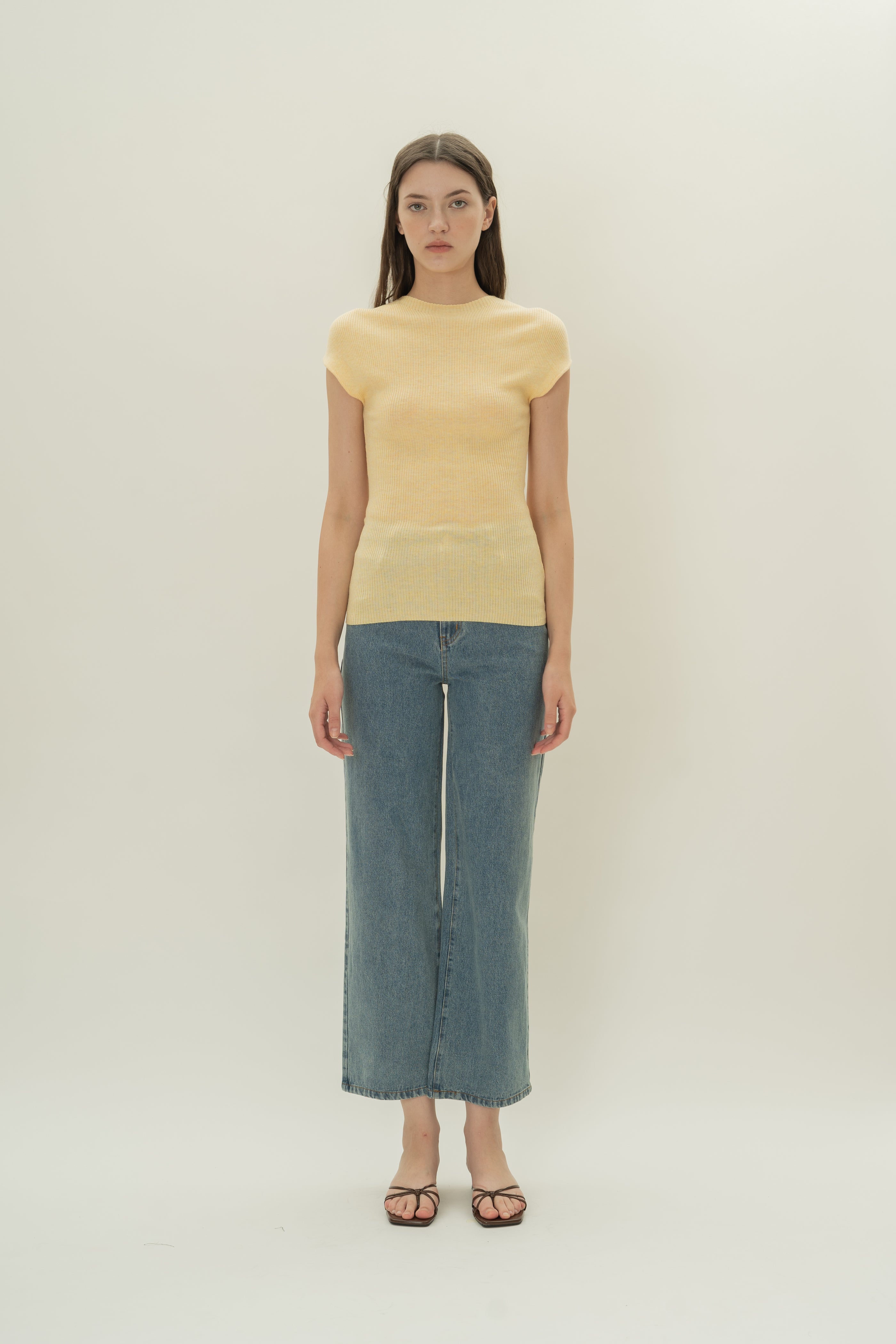 Knitted Cap Sleeve Fitted Top in Yolk Yellow
