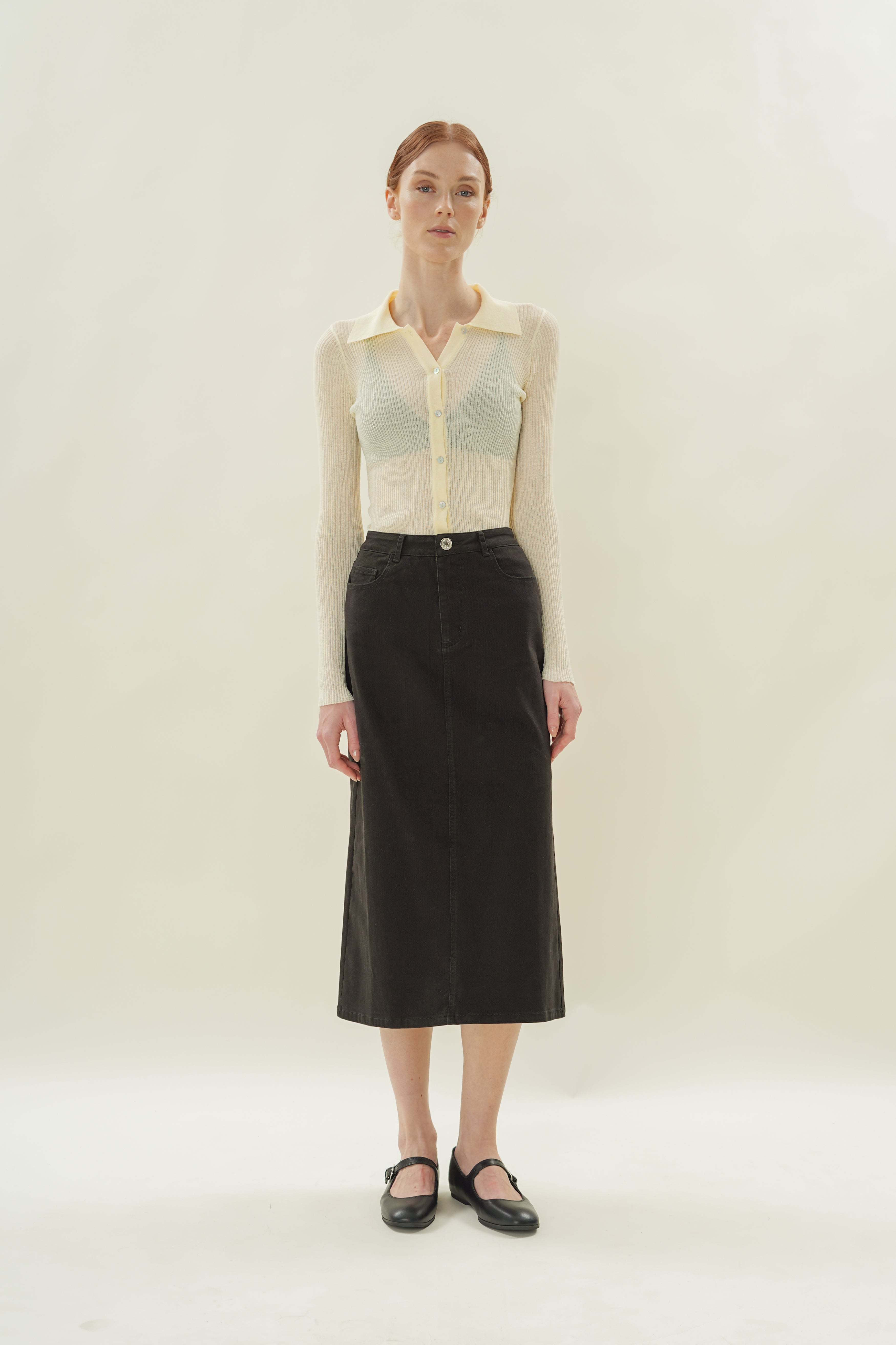 Cotton Twill Straight Midi Skirt in Black