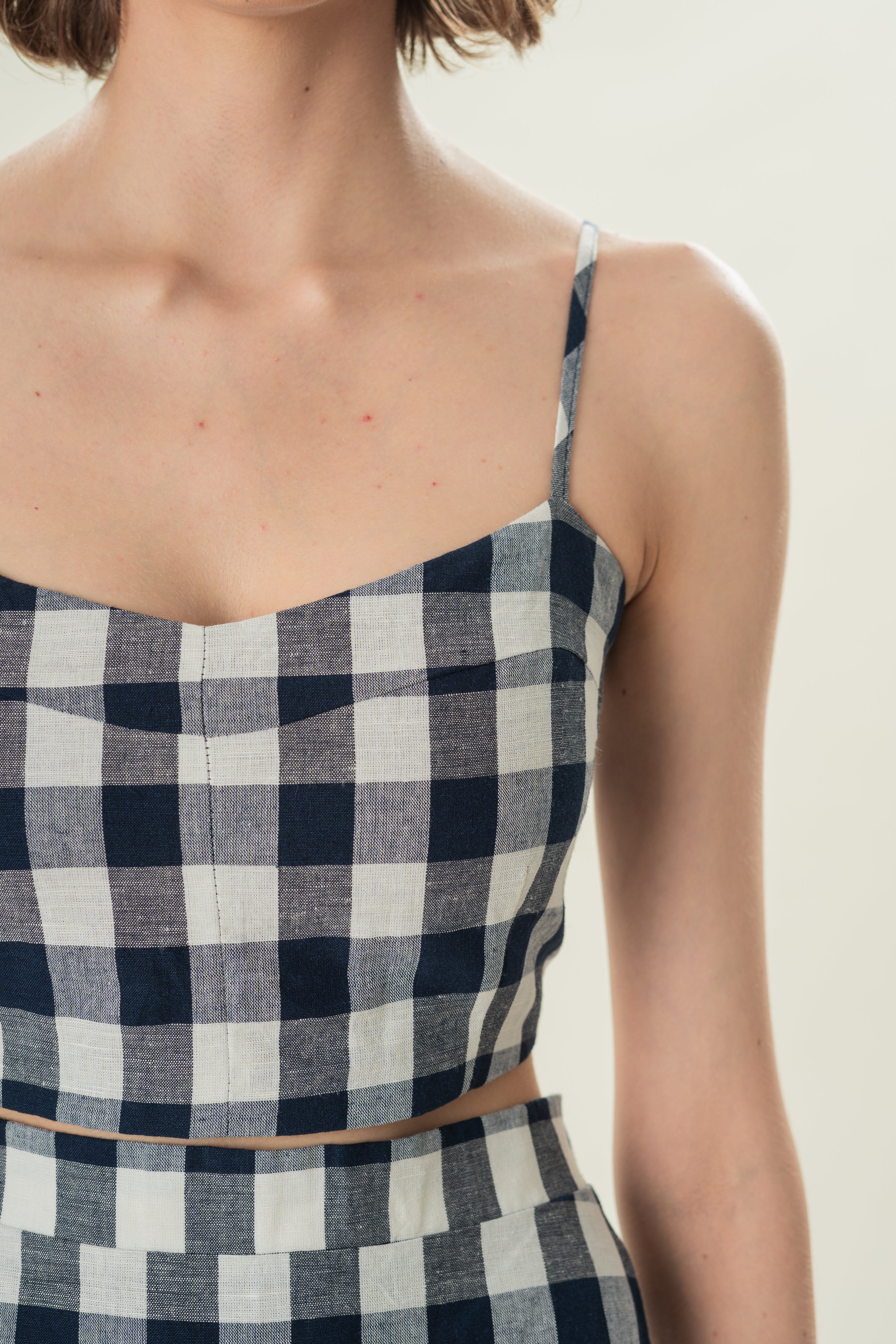 Padded Bustier Cropped Tank in Navy Gingham