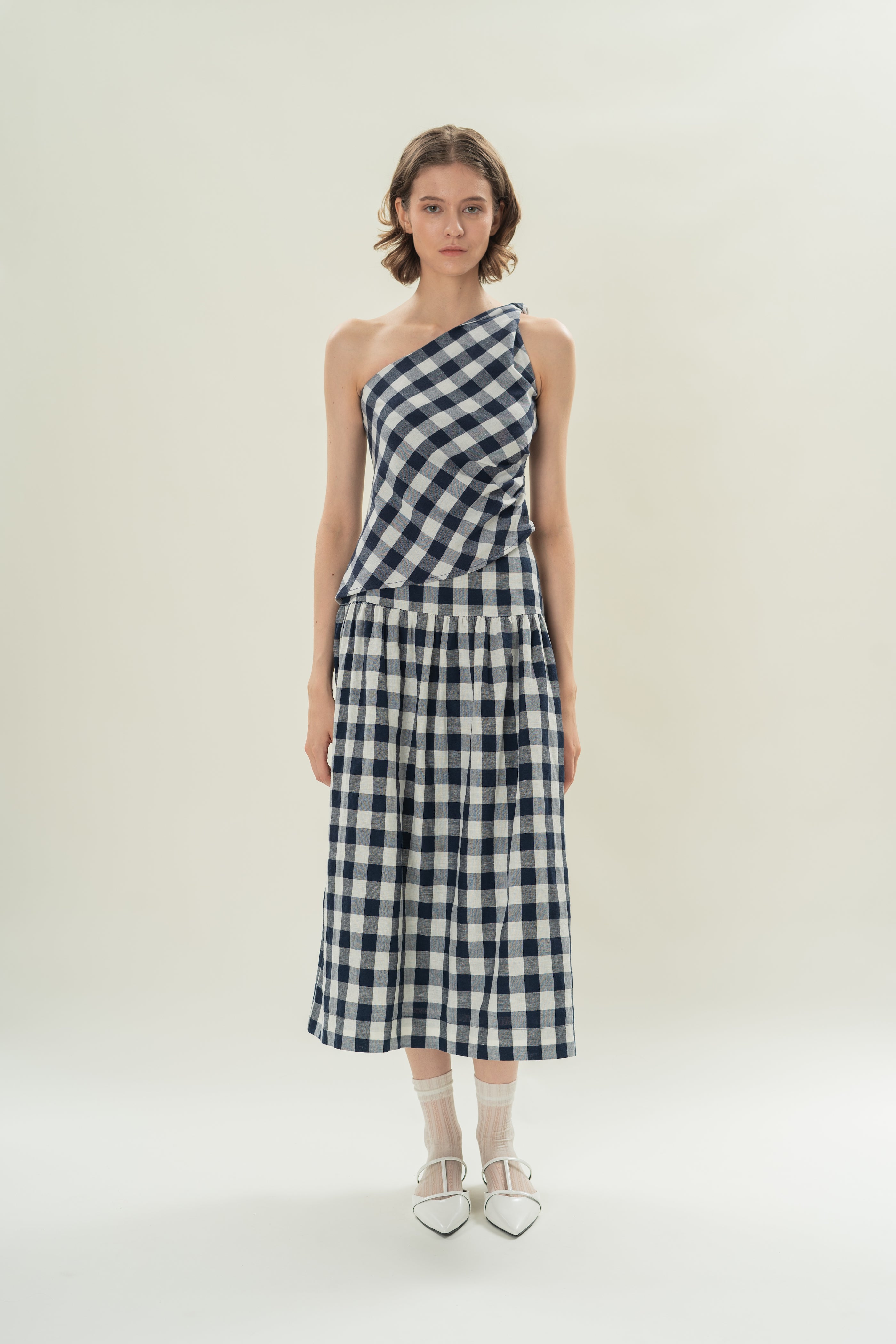 Draped Twist Knot Toga Top in Navy Gingham