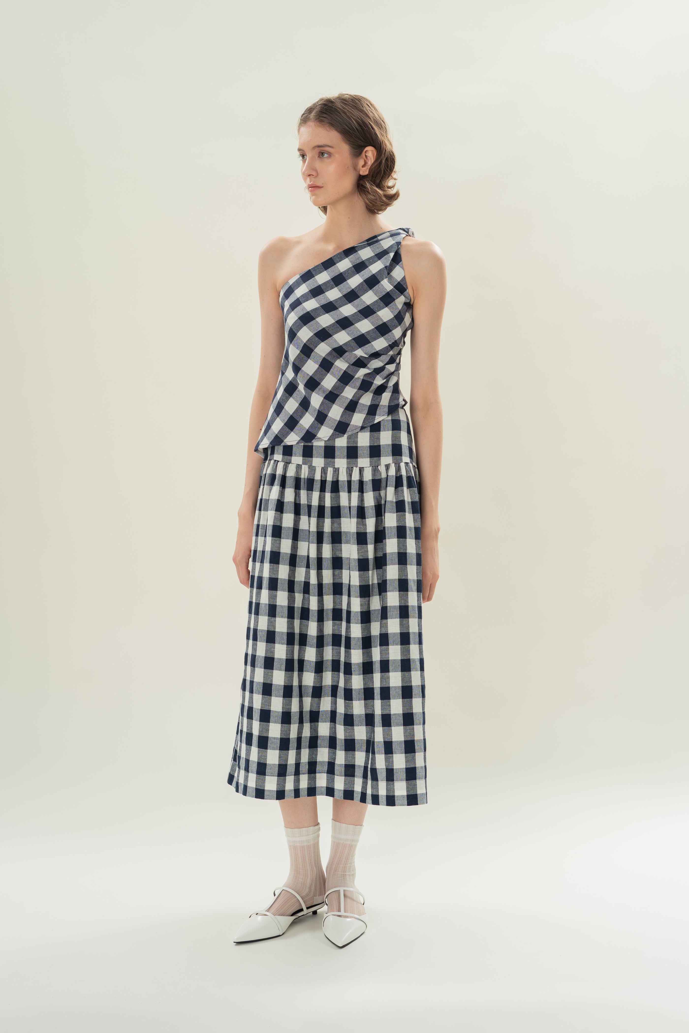 Draped Twist Knot Toga Top in Navy Gingham