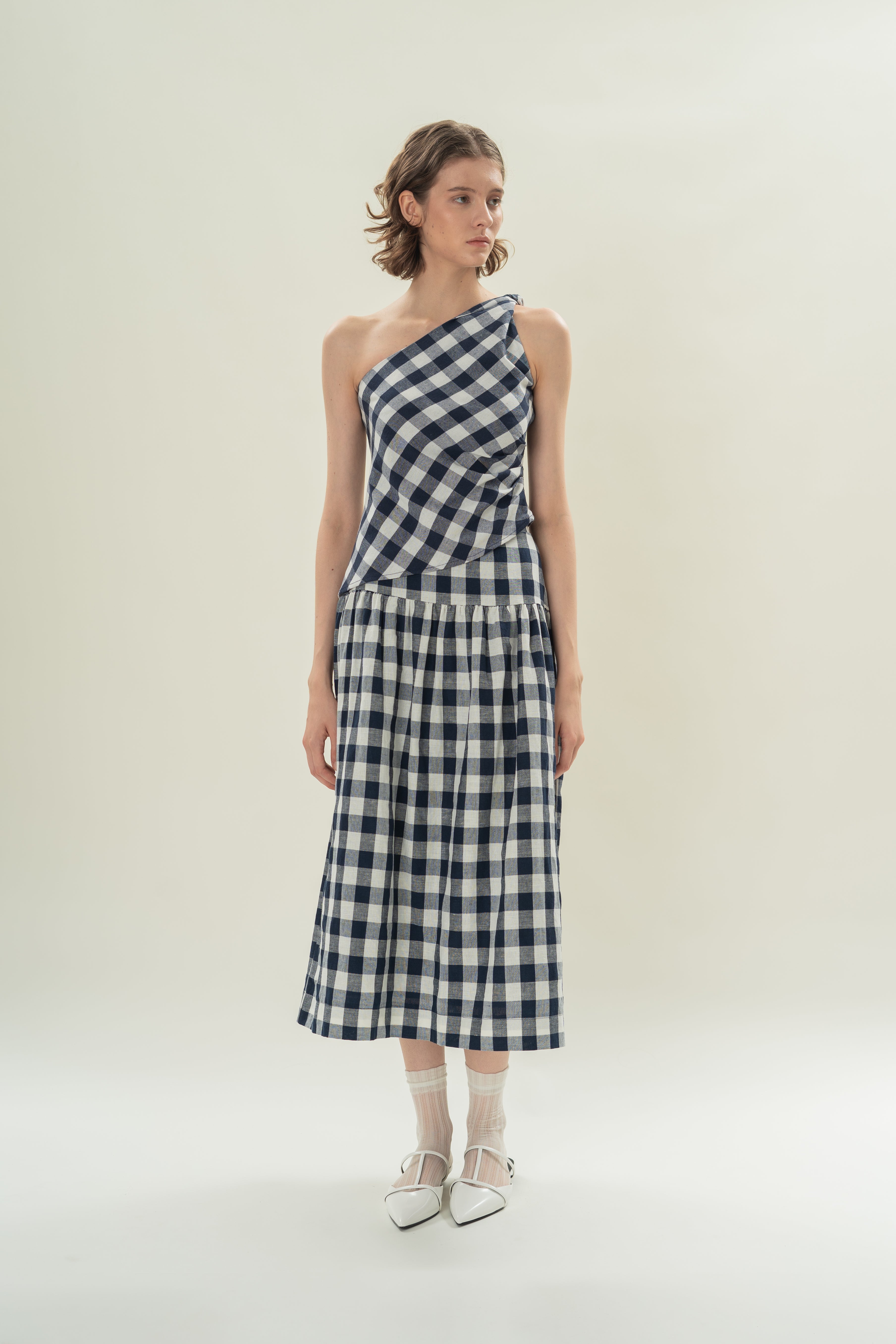 Draped Twist Knot Toga Top in Navy Gingham