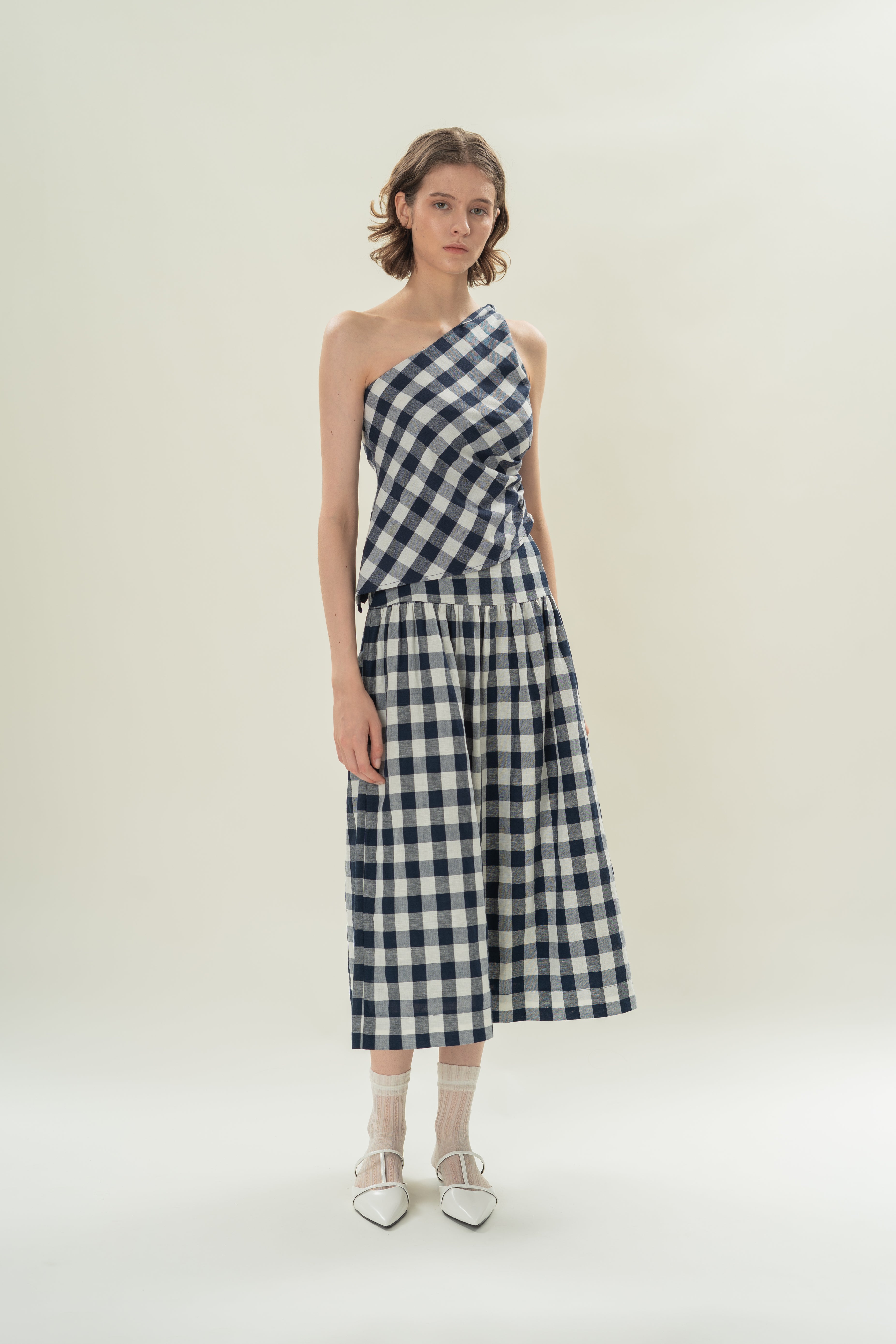 Draped Twist Knot Toga Top in Navy Gingham