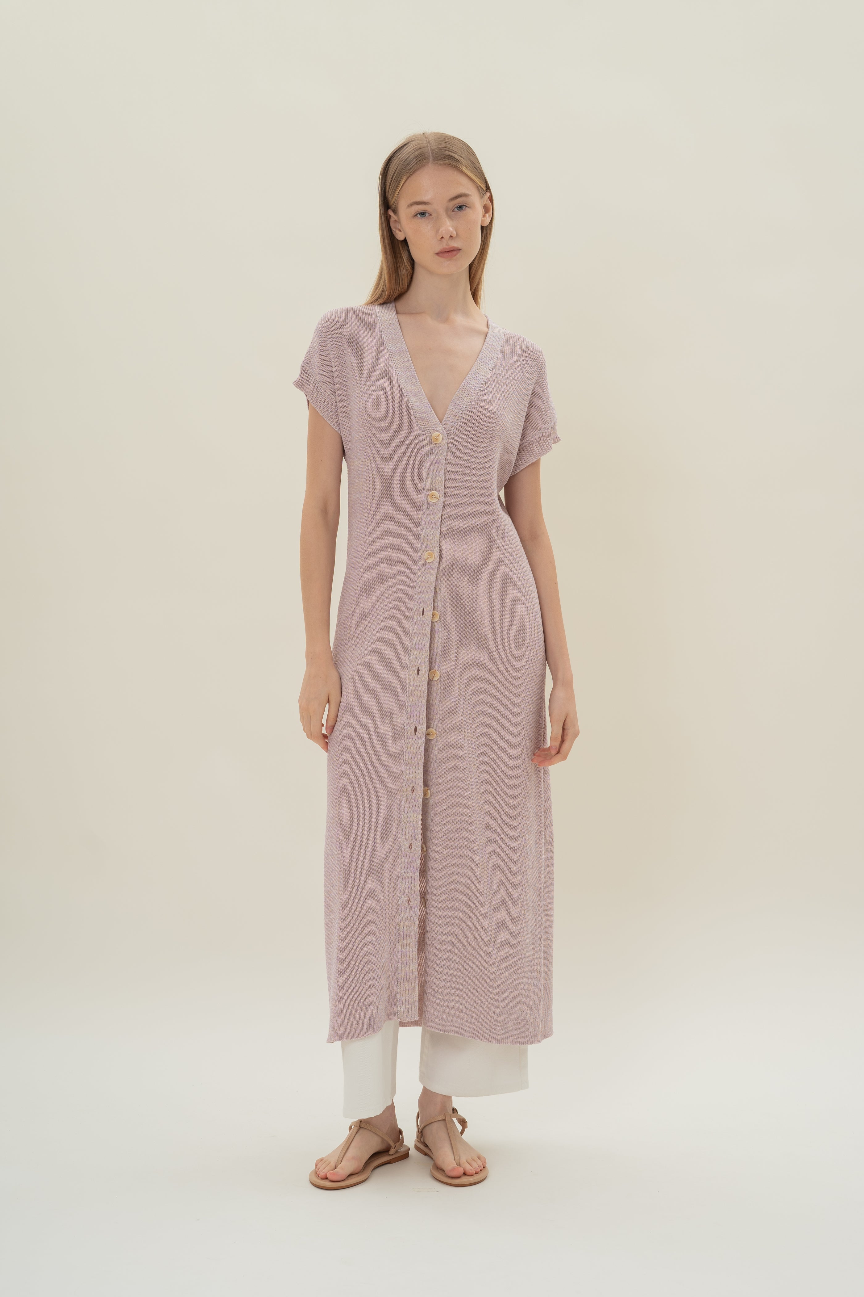 Button Front Melange Knit Dress in Lavender Mist