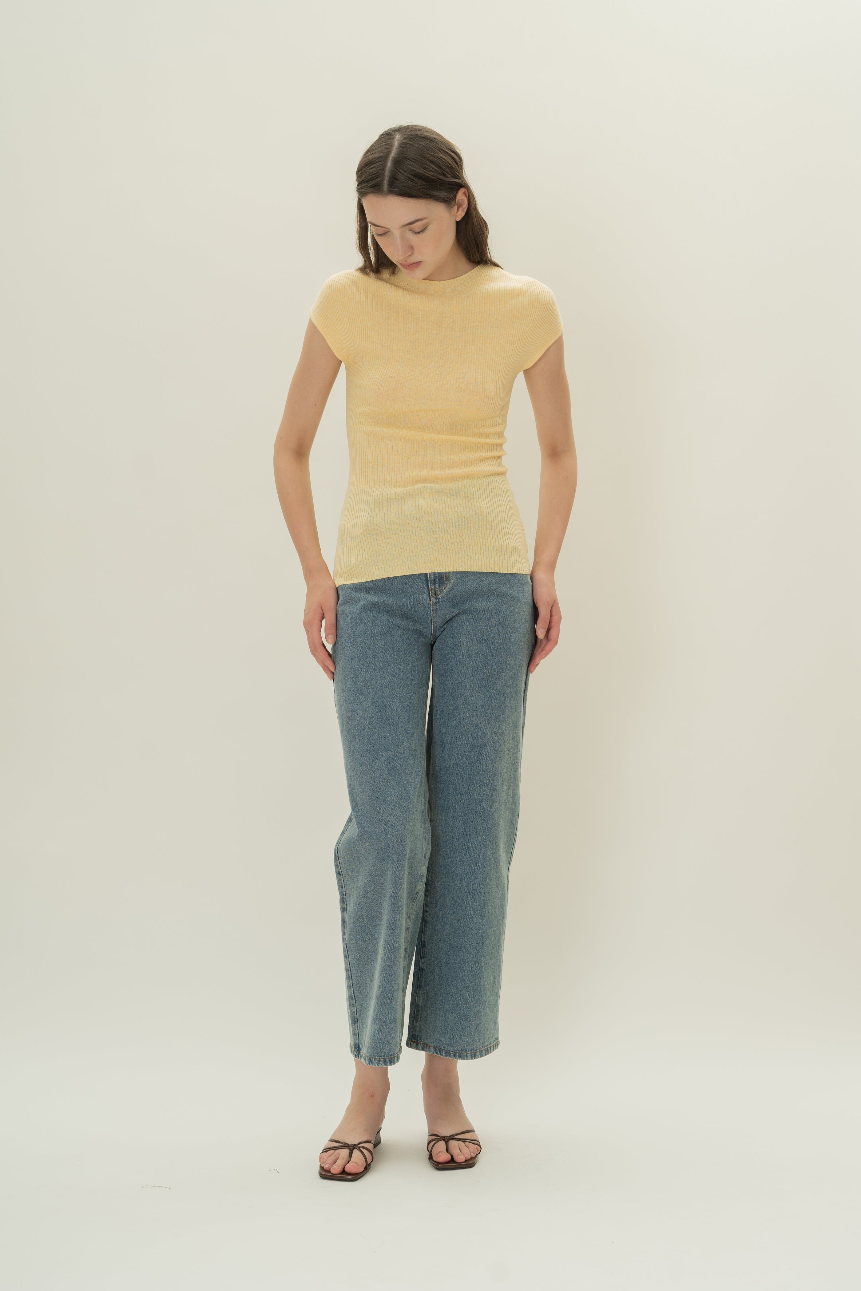 Knitted Cap Sleeve Fitted Top in Yolk Yellow