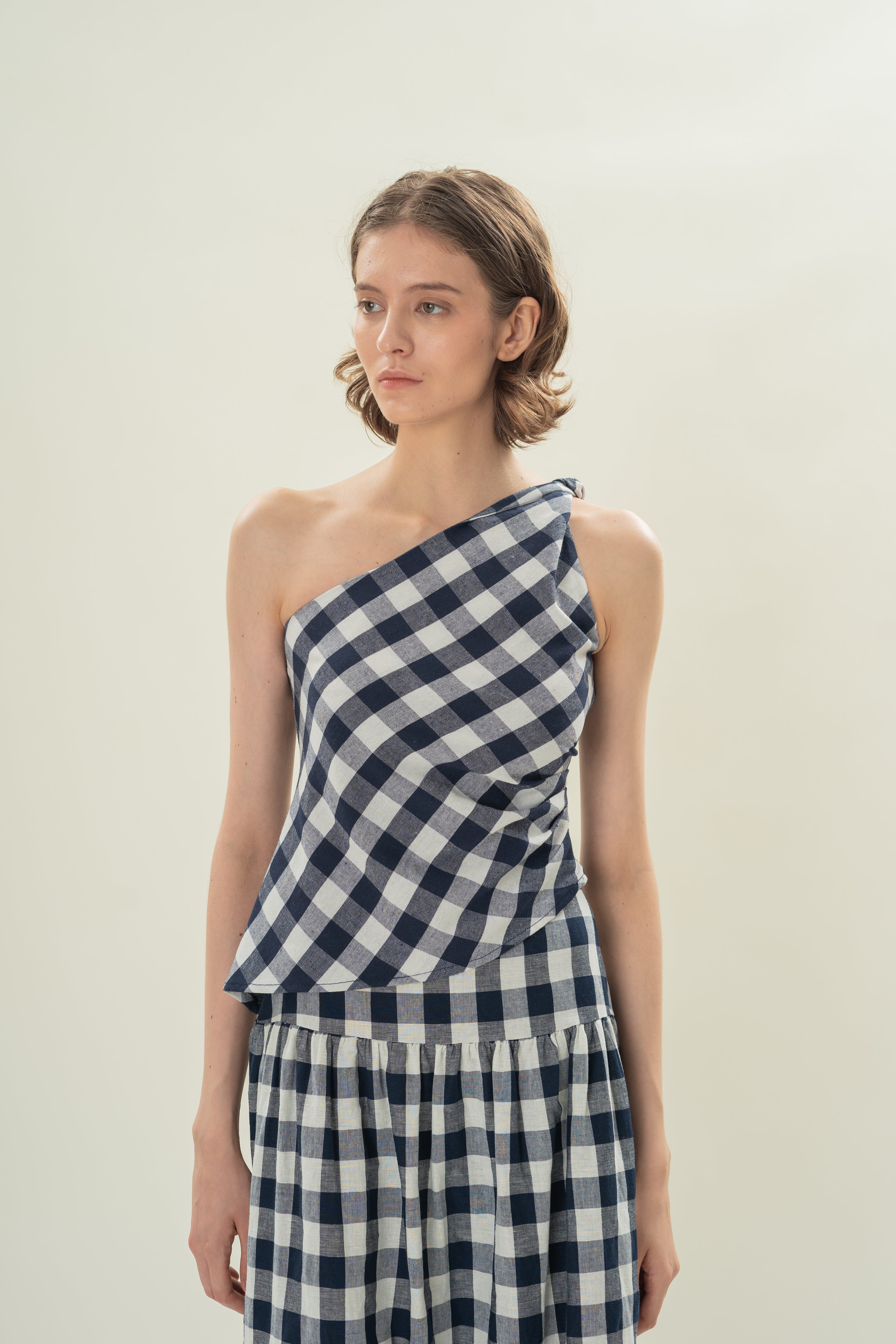 Draped Twist Knot Toga Top in Navy Gingham