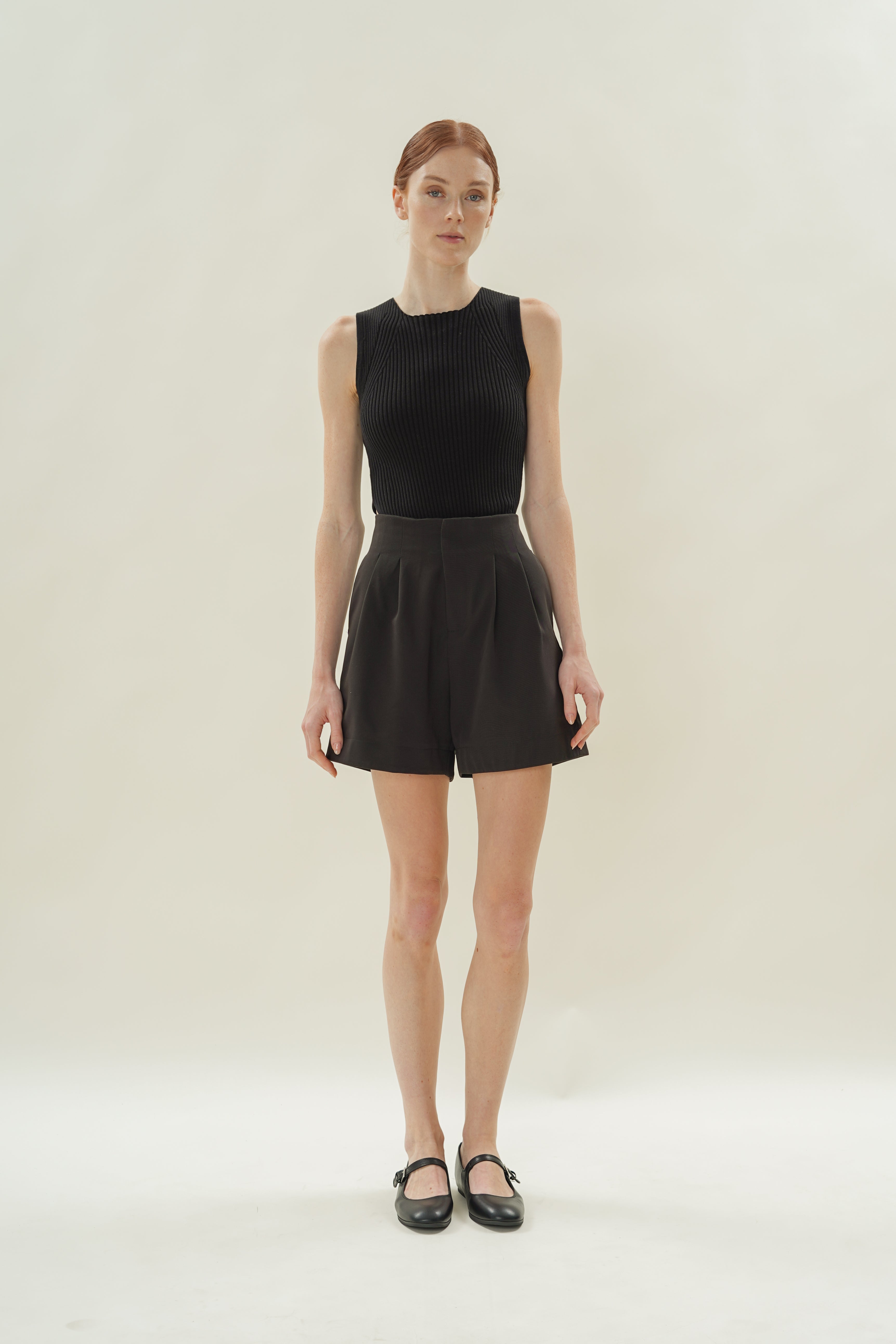 Cotton Blend Pleated Shorts in Black