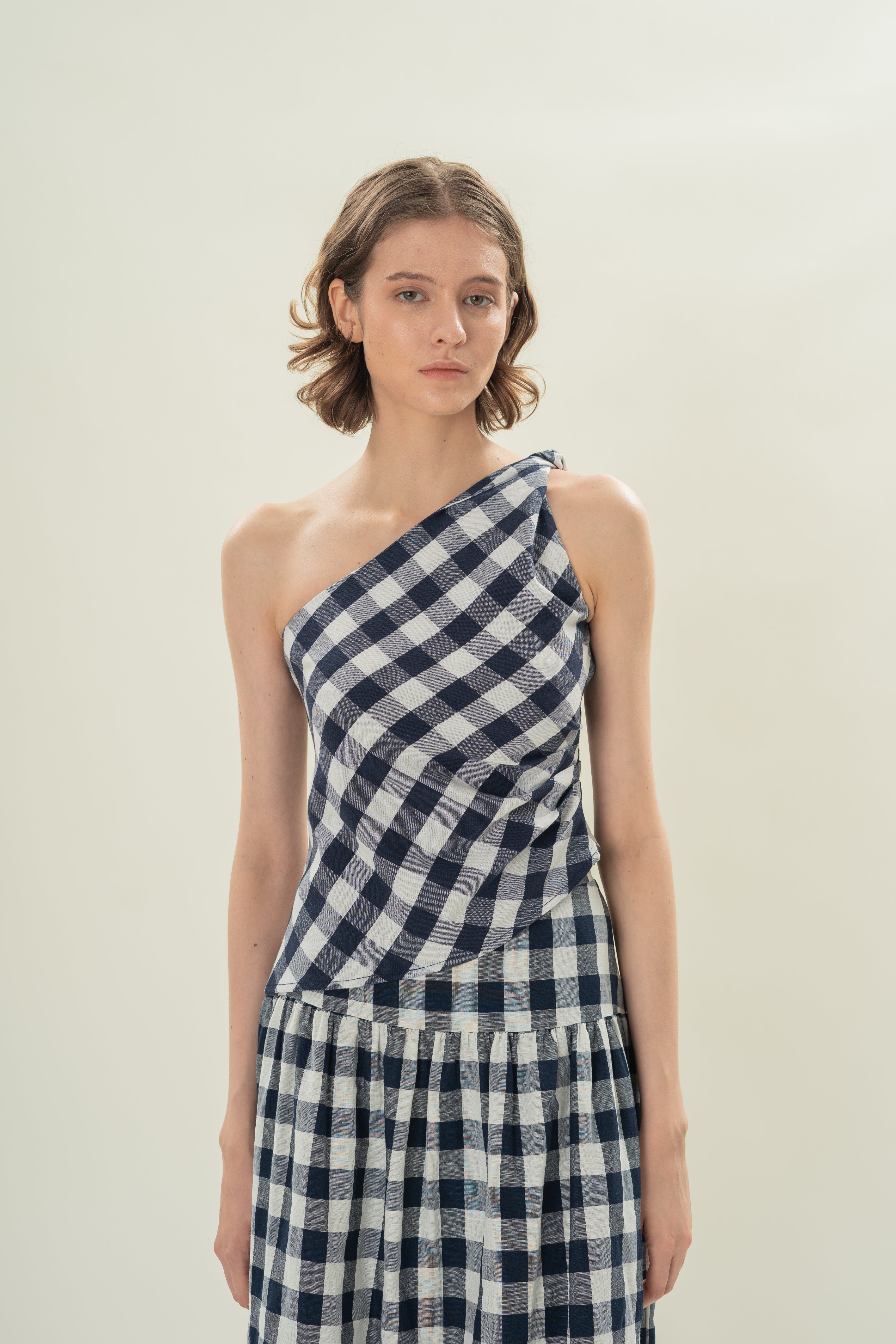 Draped Twist Knot Toga Top in Navy Gingham