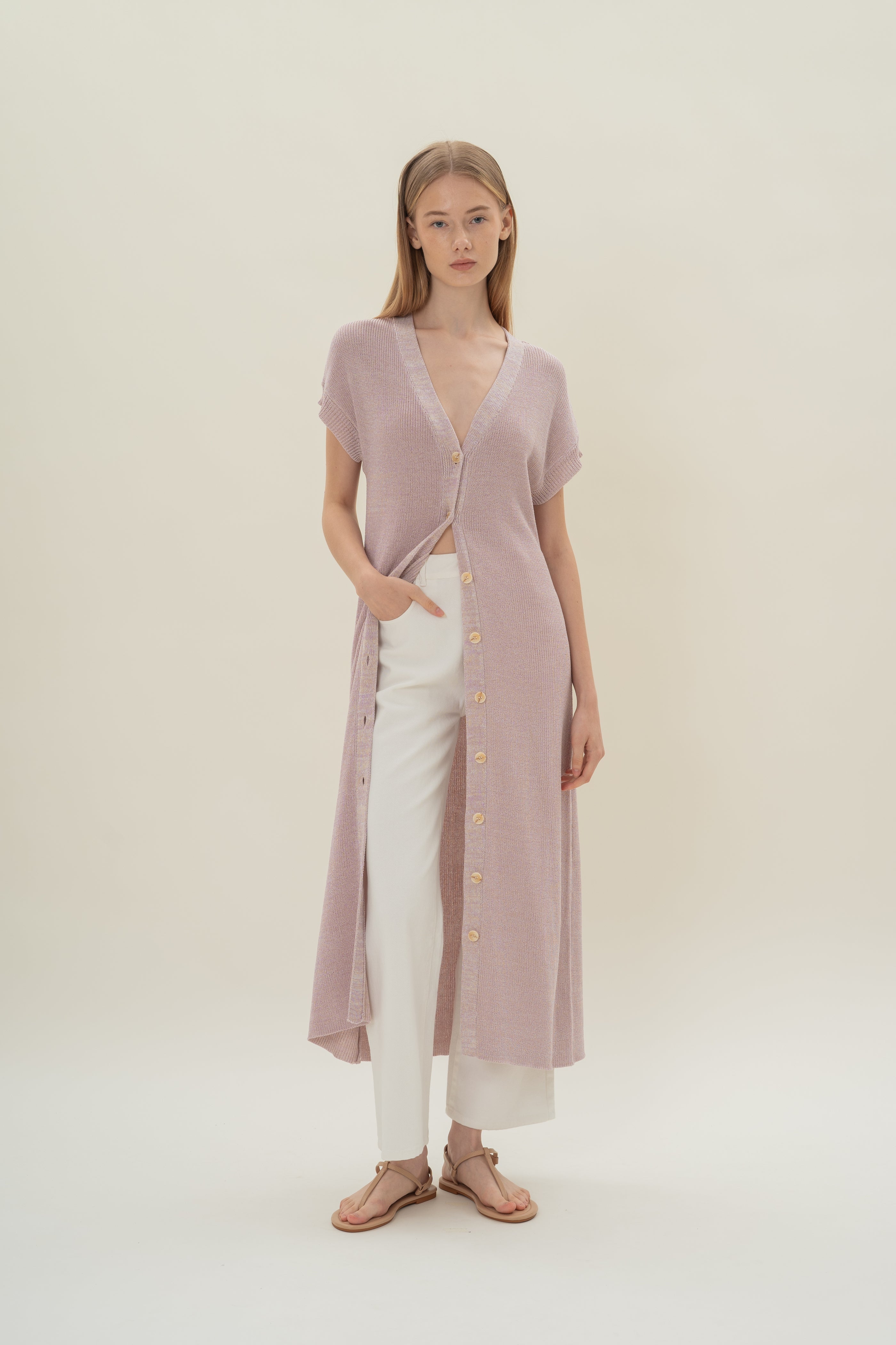 Button Front Melange Knit Dress in Lavender Mist