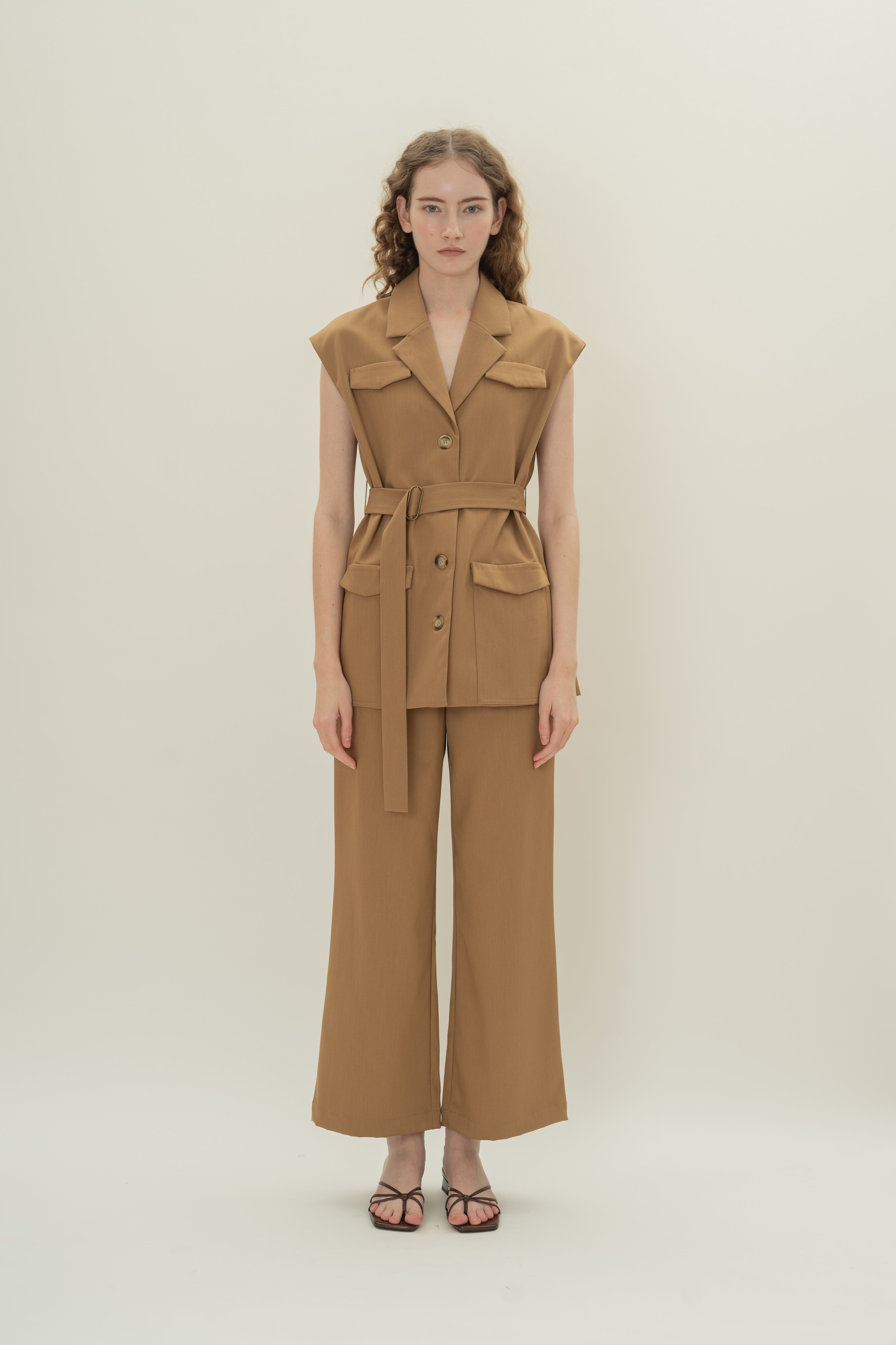 Sleeveless Belted Blazer in Camel