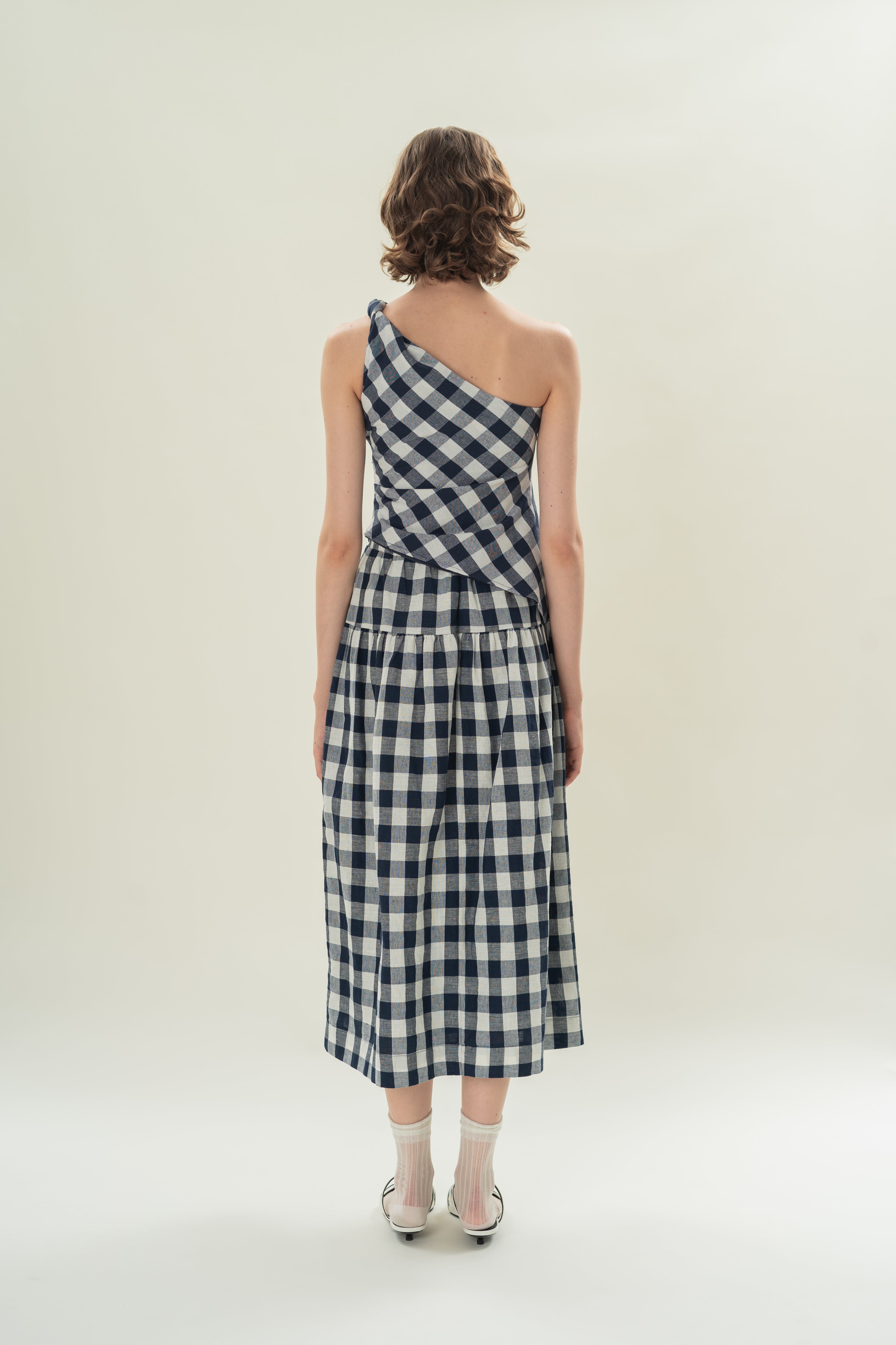 Draped Twist Knot Toga Top in Navy Gingham