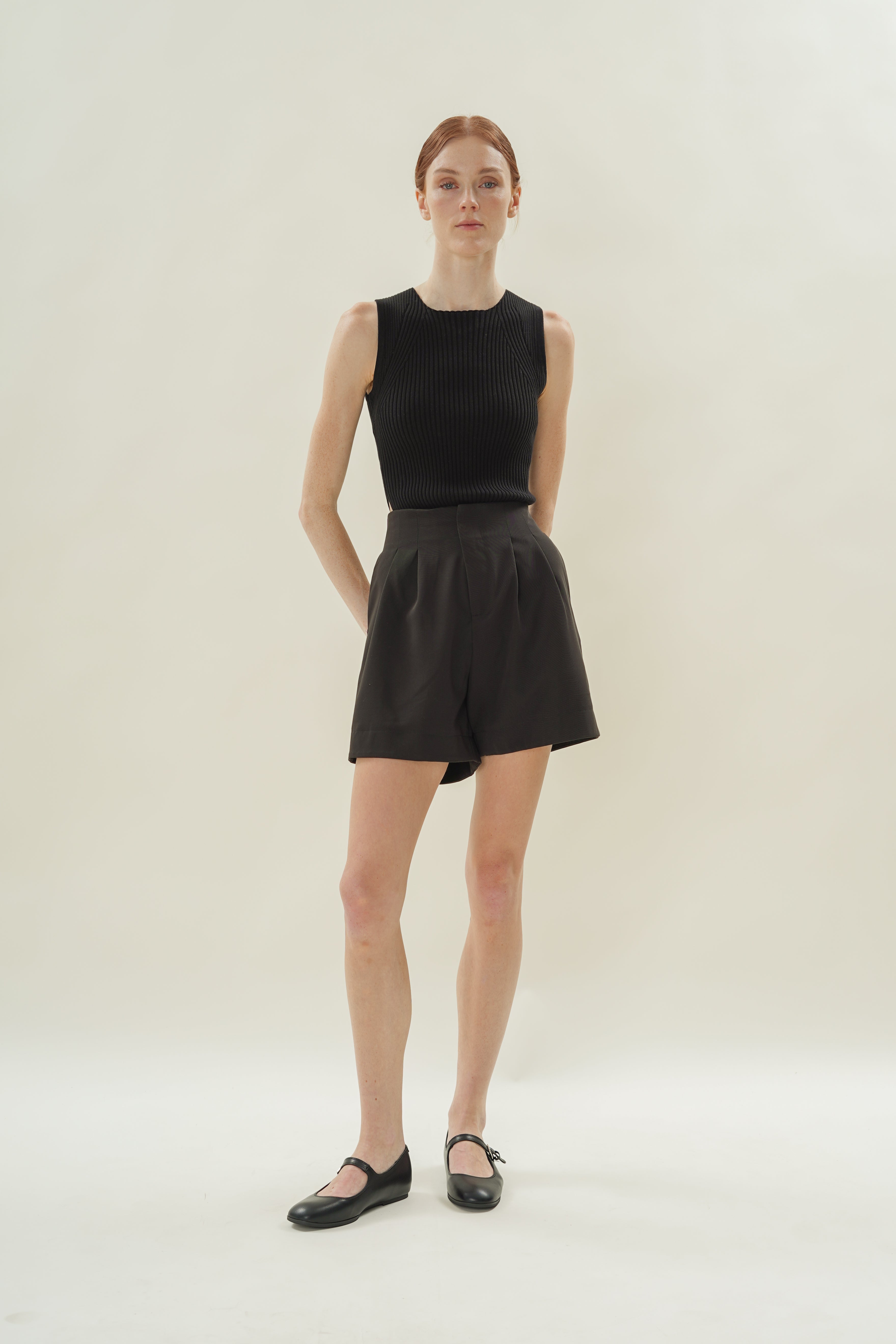 Cotton Blend Pleated Shorts in Black