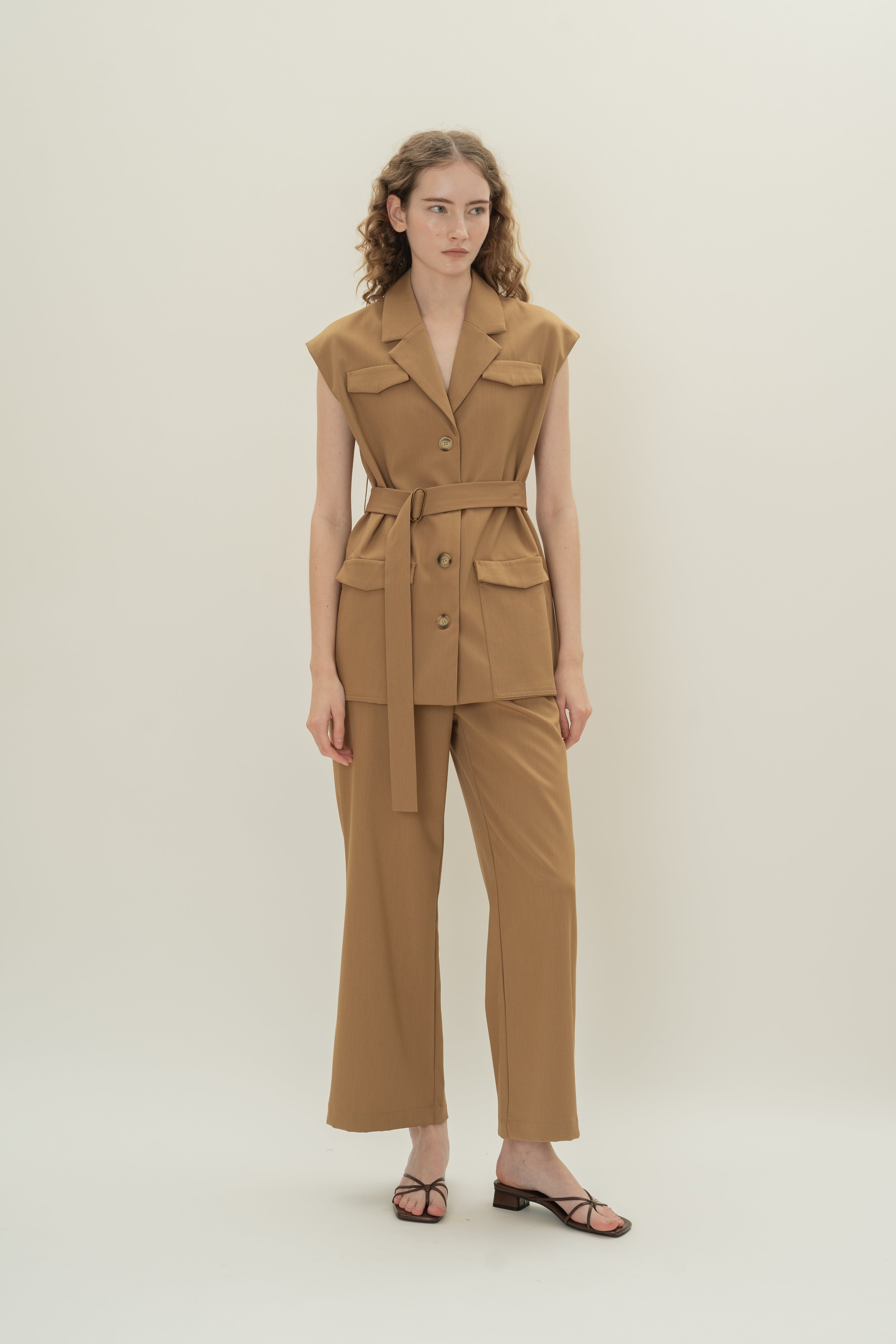 Sleeveless Belted Blazer in Camel