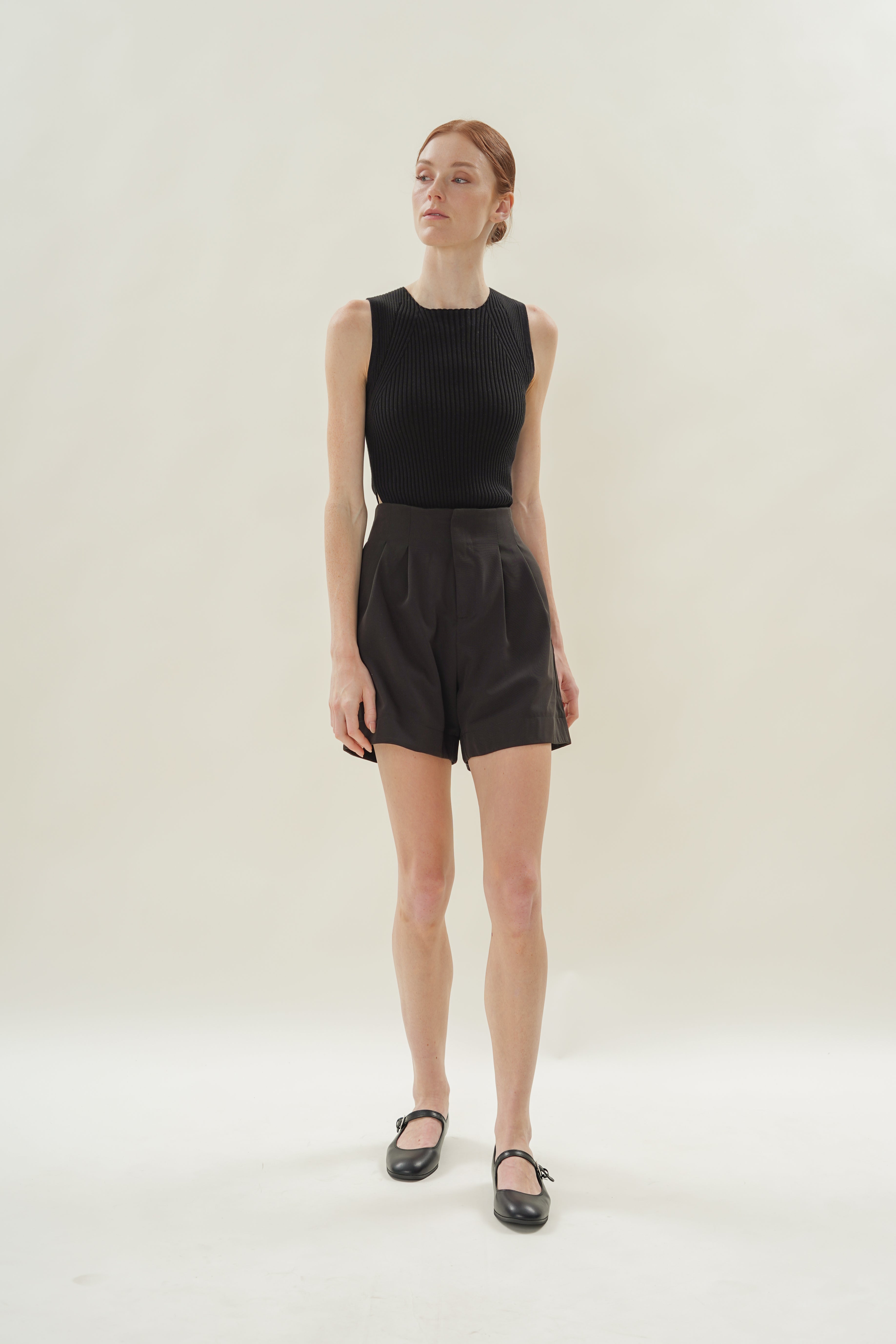 Cotton Blend Pleated Shorts in Black