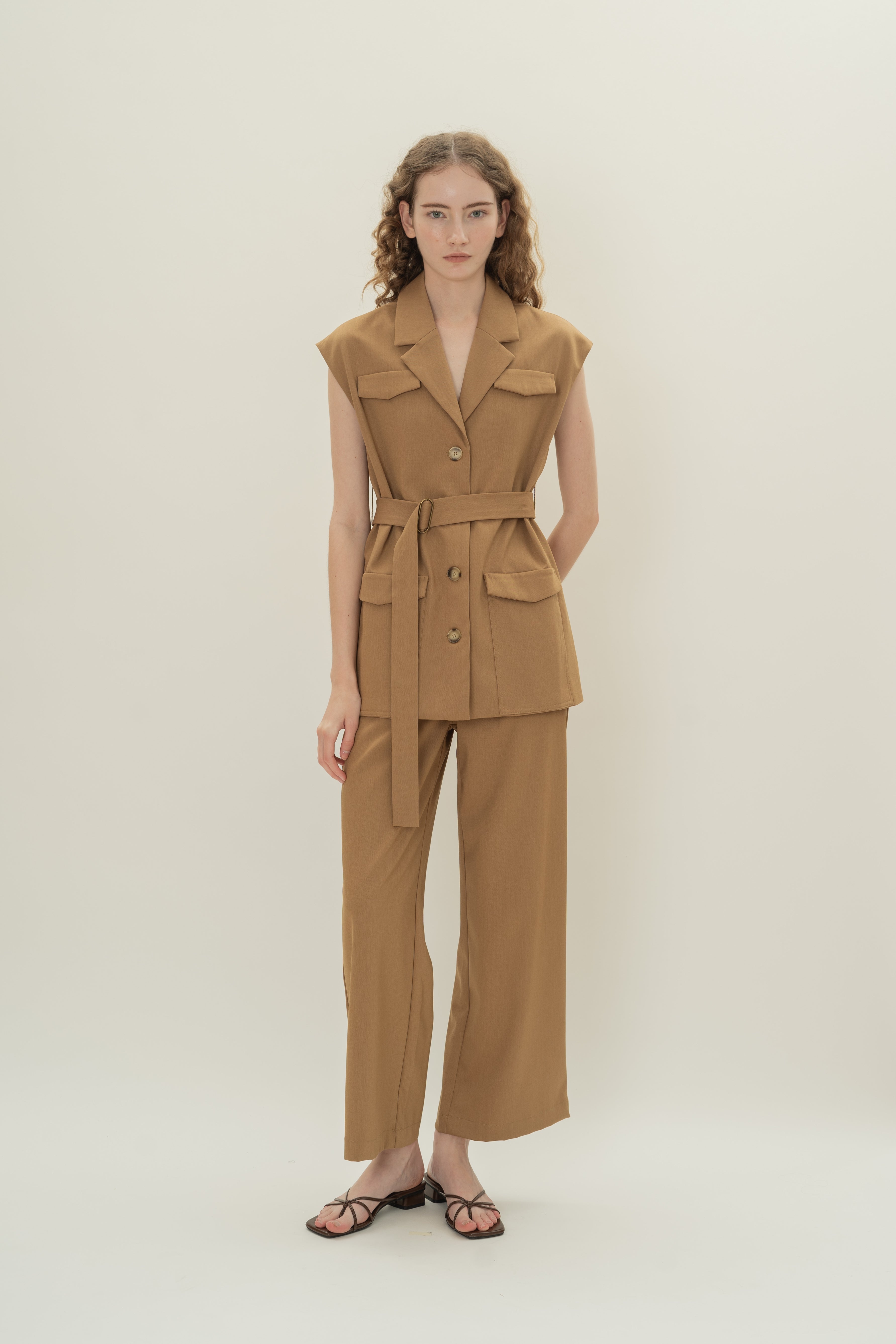 Sleeveless Belted Blazer in Camel