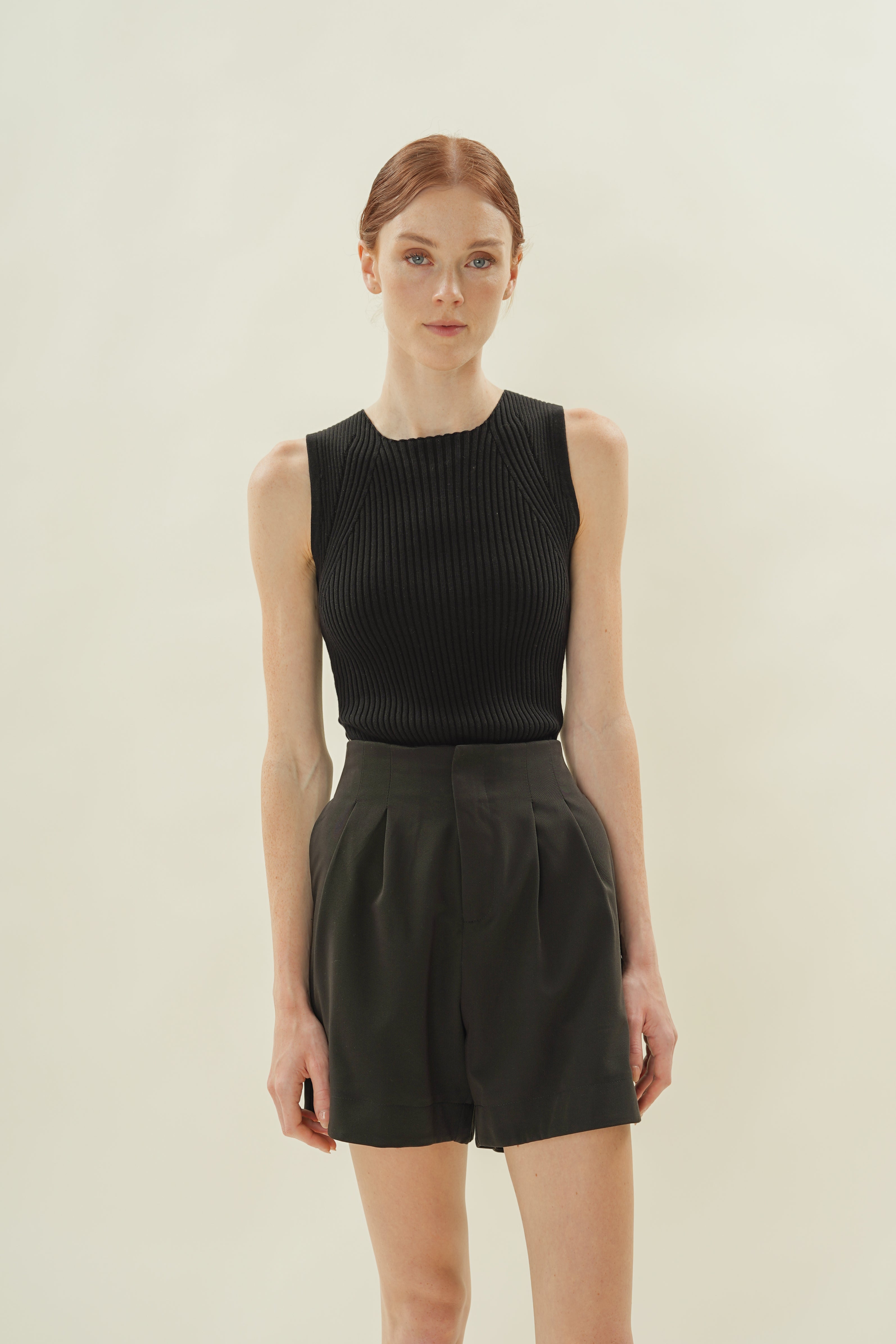 Cotton Blend Pleated Shorts in Black