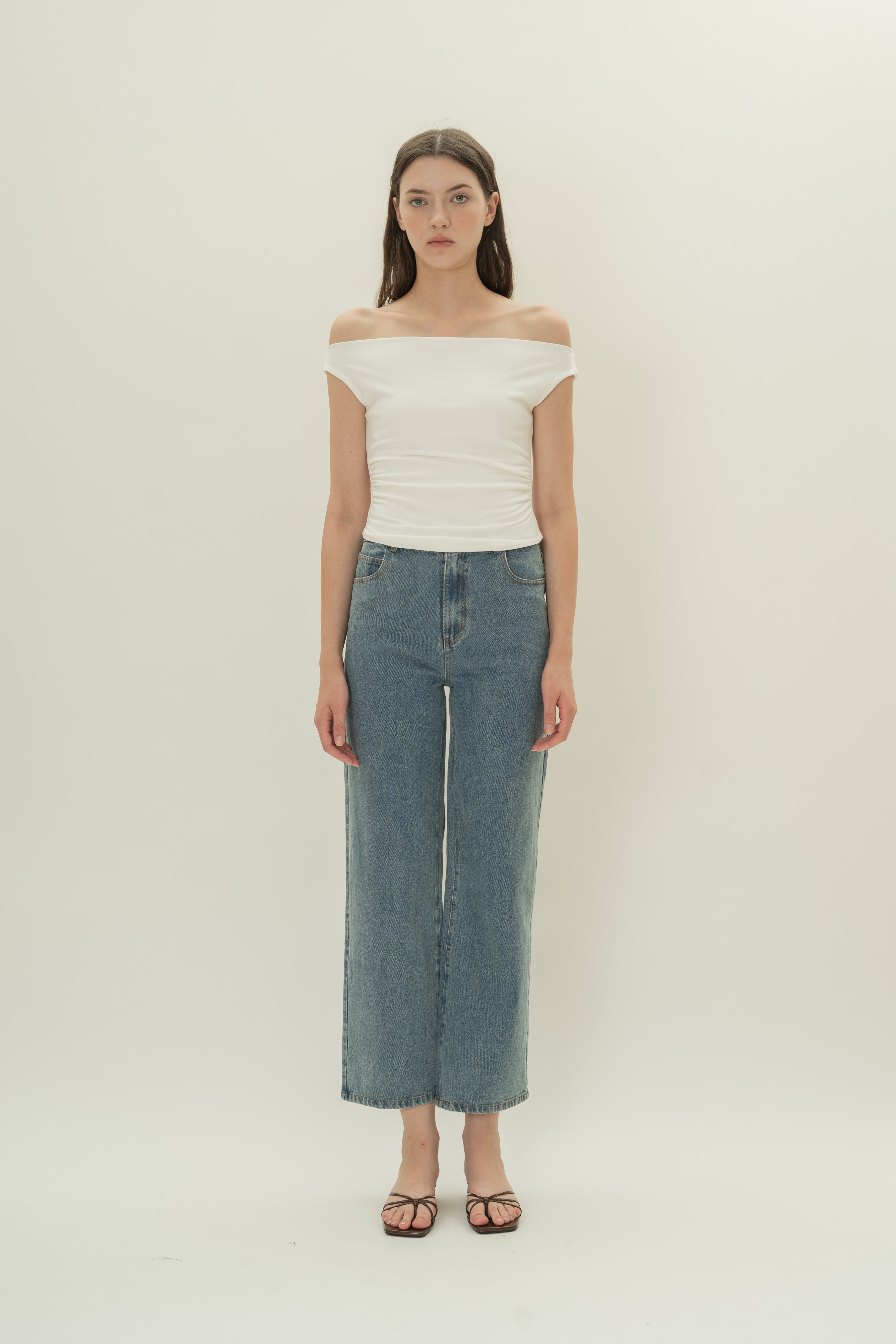 Off Shoulder Ruched Waist Top in White