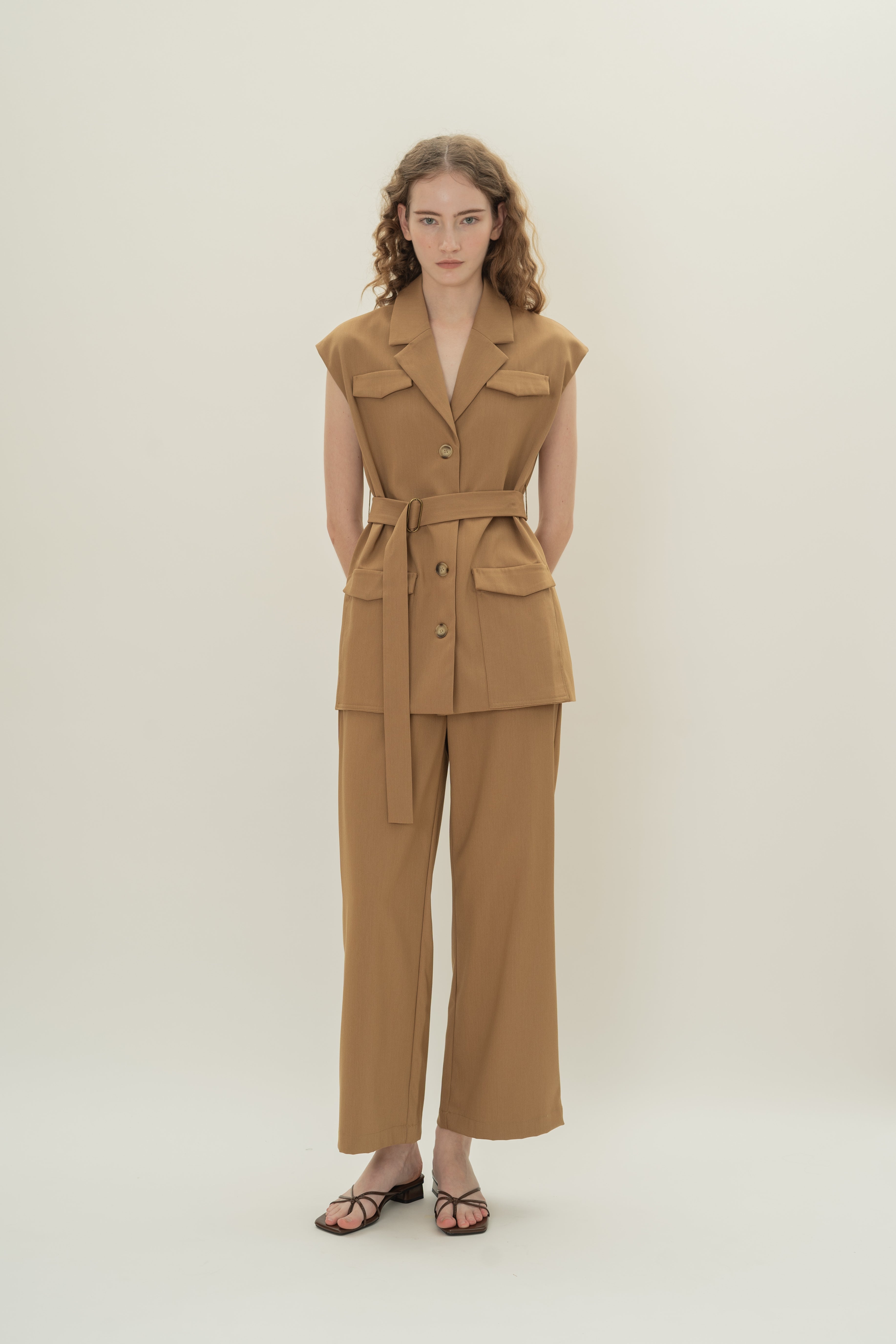 Sleeveless Belted Blazer in Camel