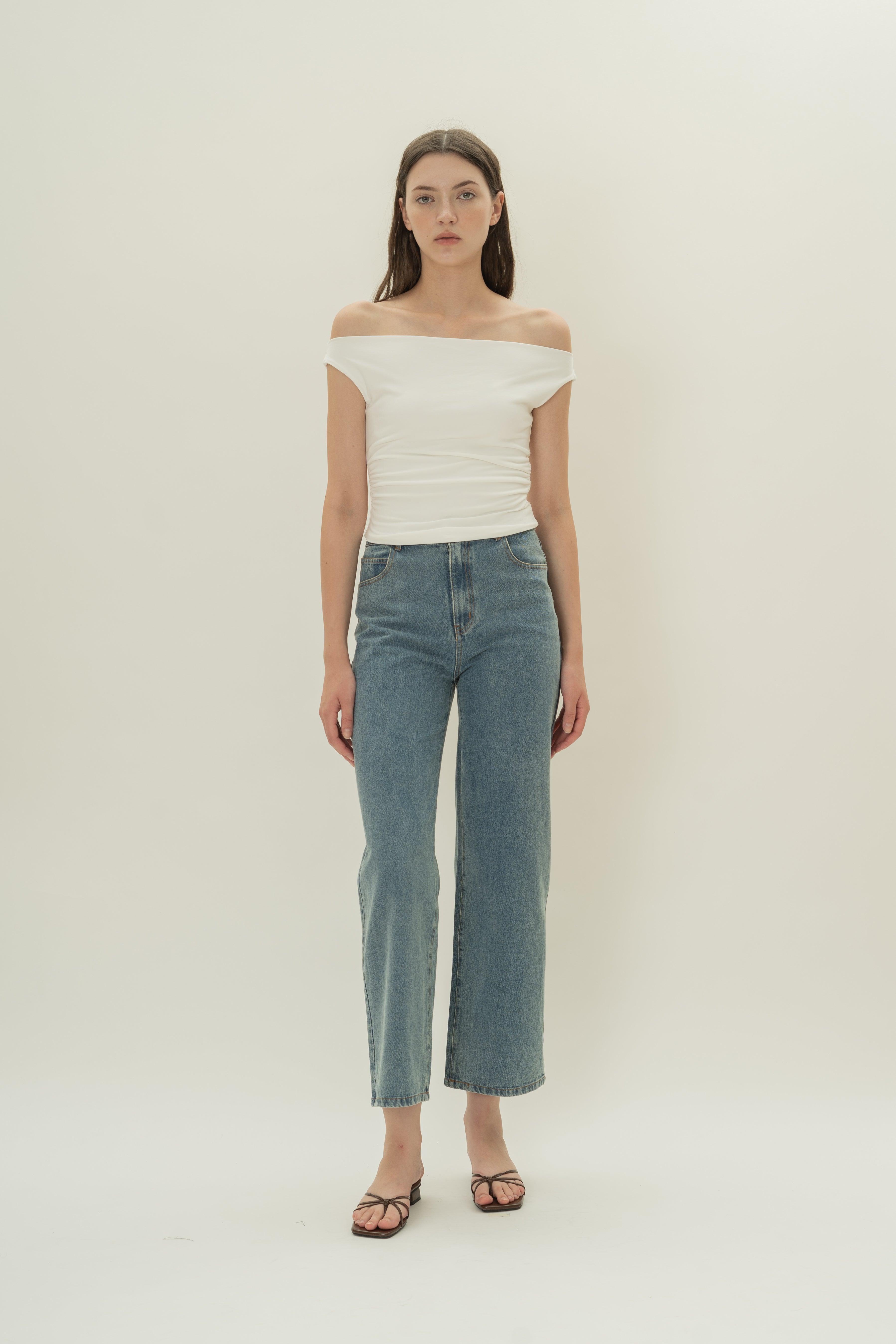 Off Shoulder Ruched Waist Top in White