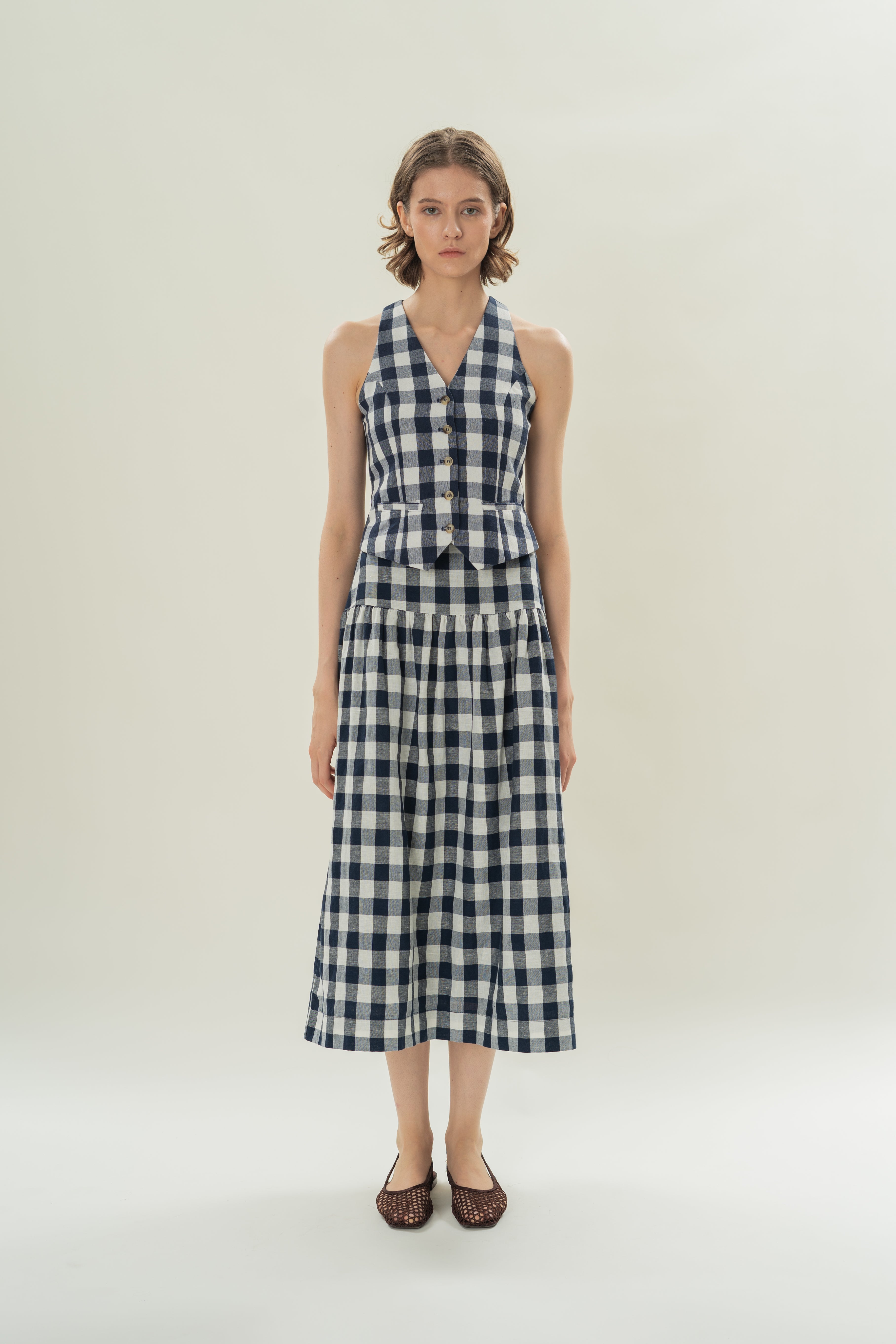 Panelled Midi Skirt With Gathers in Navy Gingham