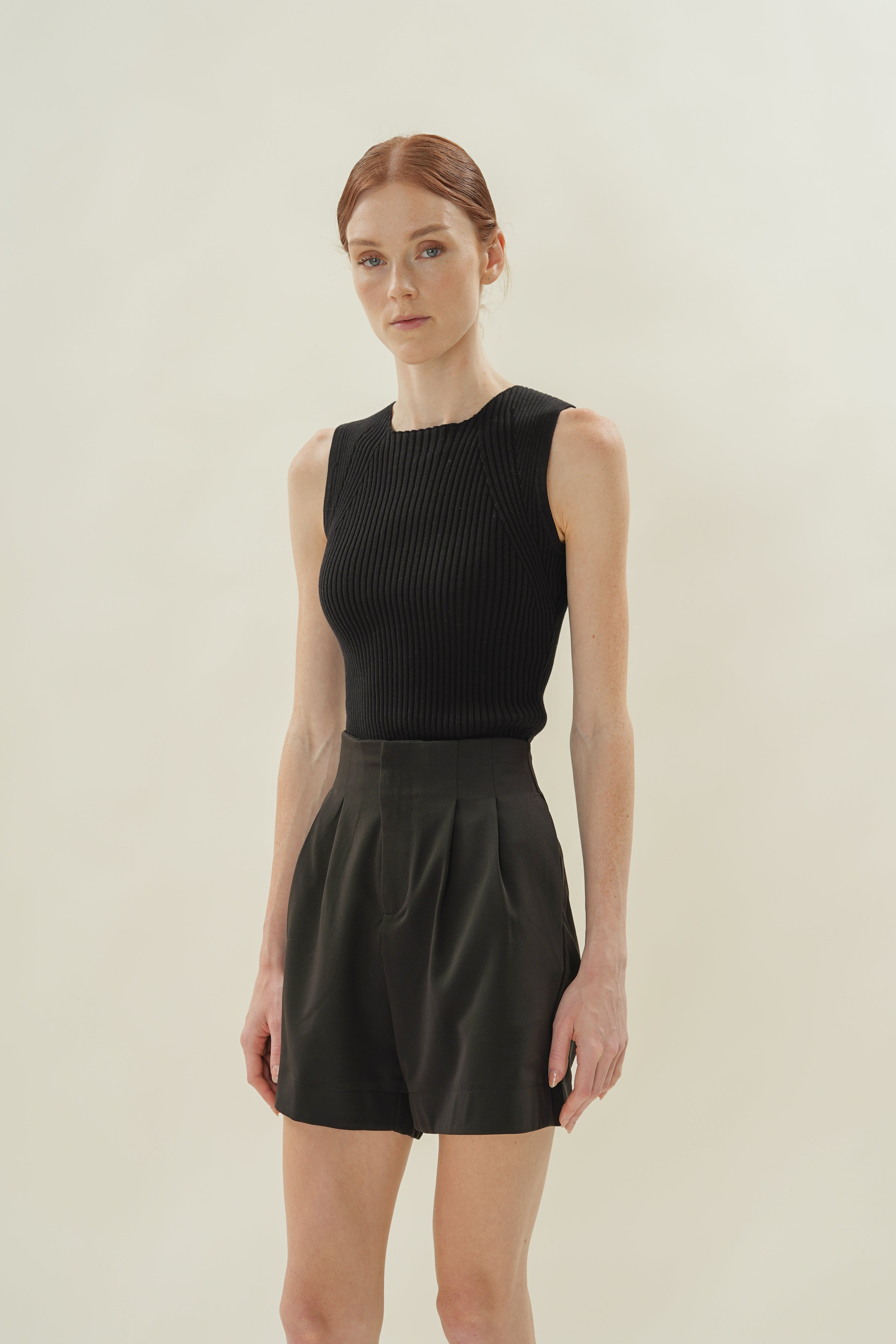 Cotton Blend Pleated Shorts in Black