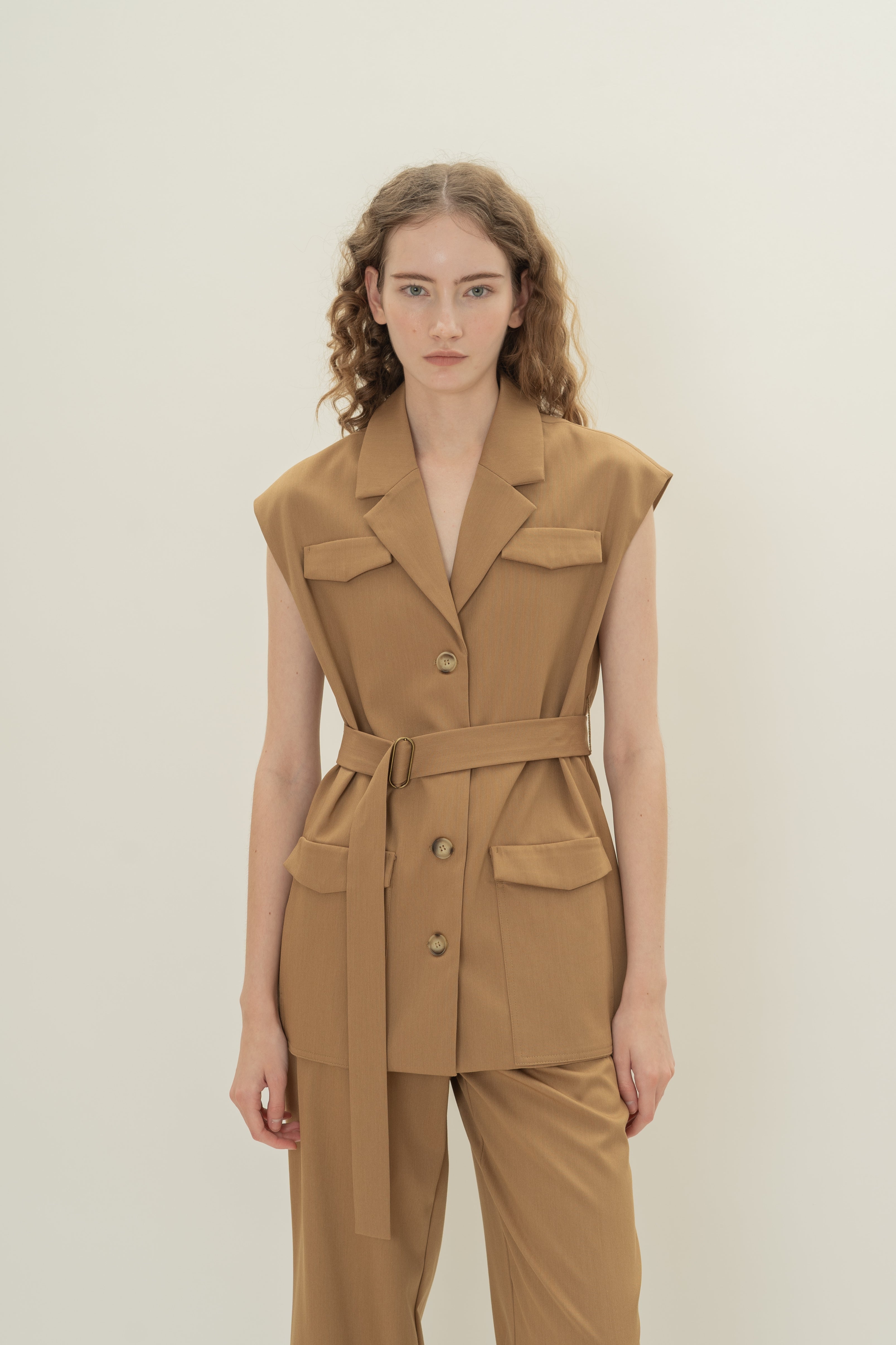 Sleeveless Belted Blazer in Camel