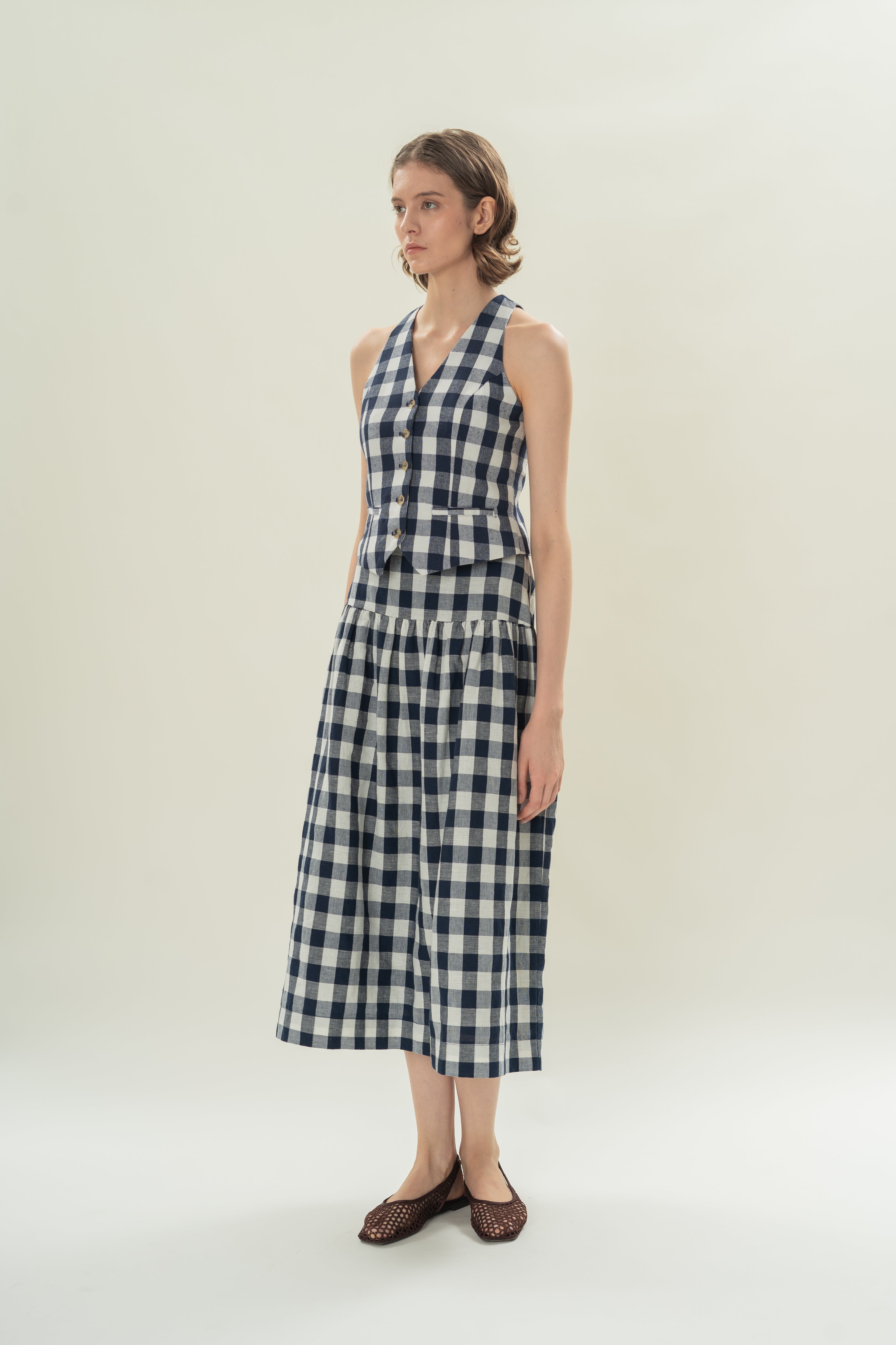 Panelled Midi Skirt With Gathers in Navy Gingham