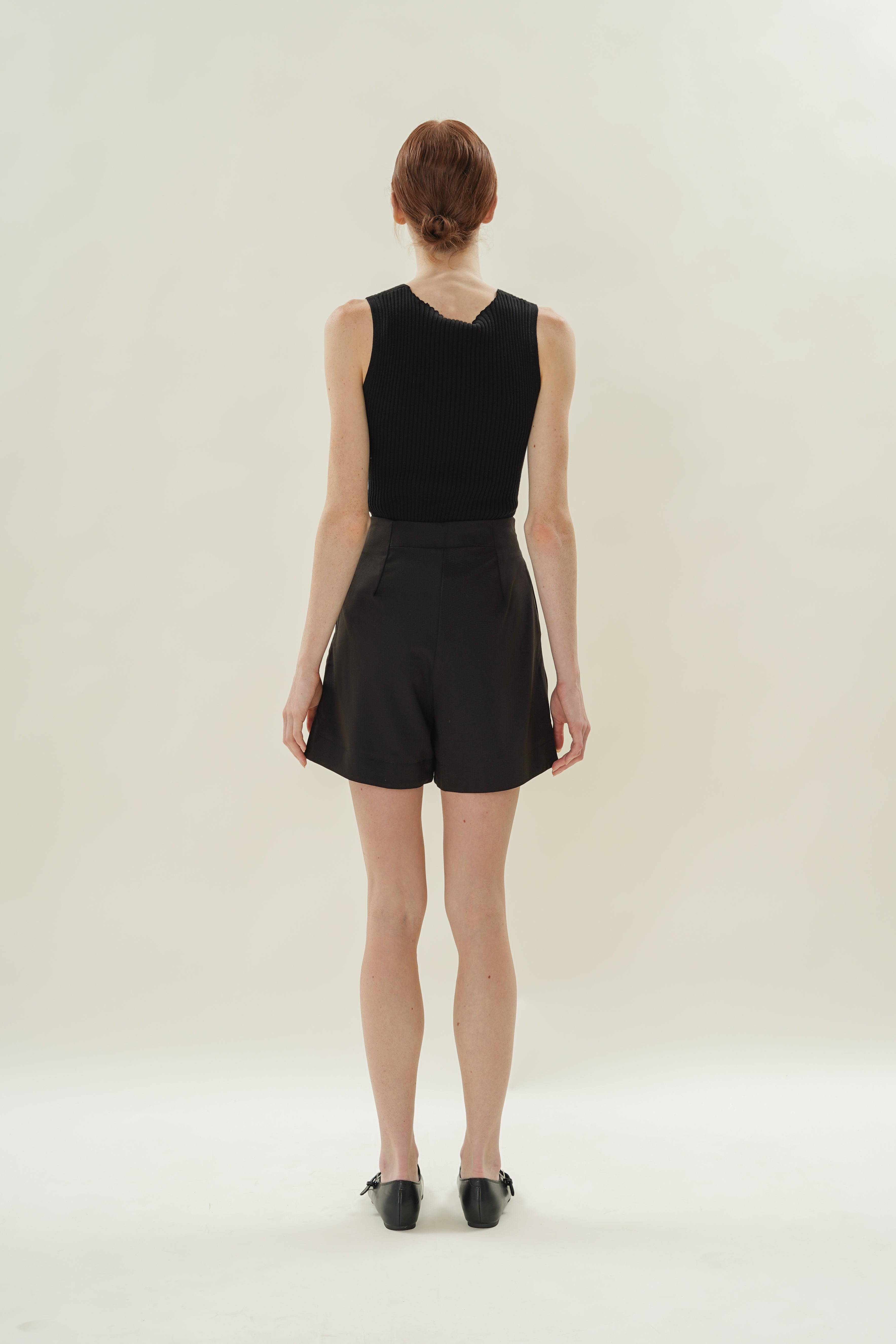 Cotton Blend Pleated Shorts in Black