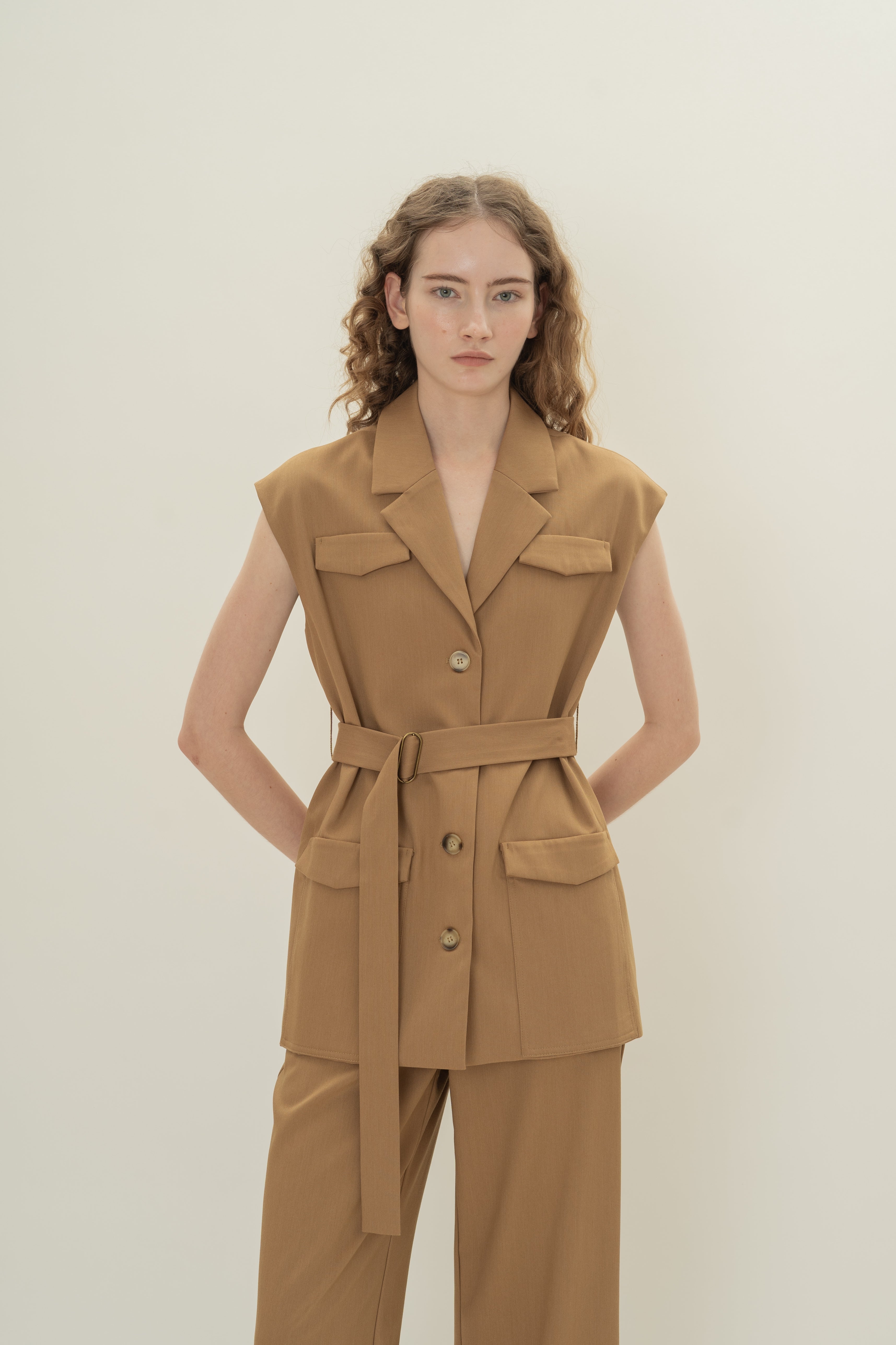 Sleeveless Belted Blazer in Camel