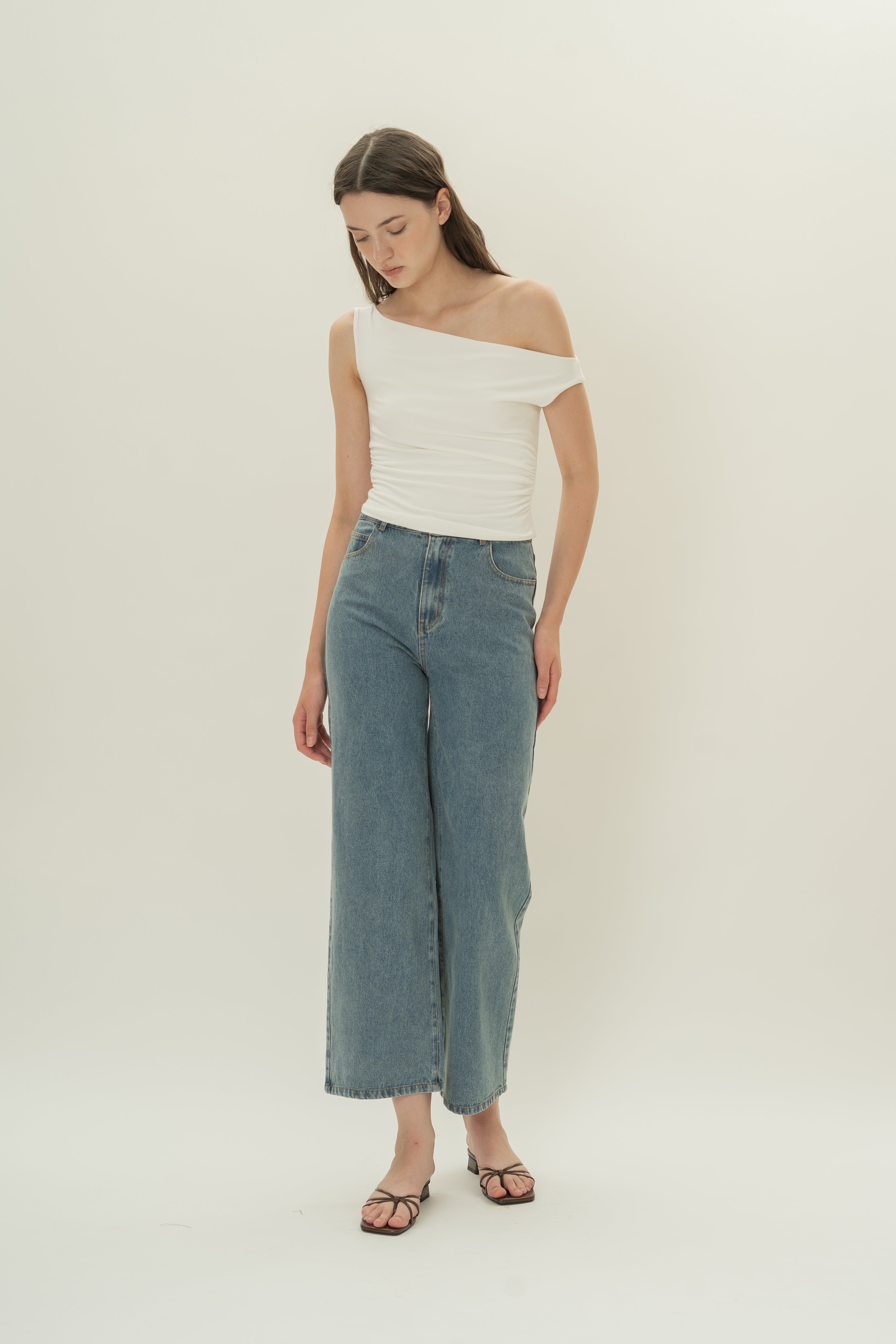 Off Shoulder Ruched Waist Top in White