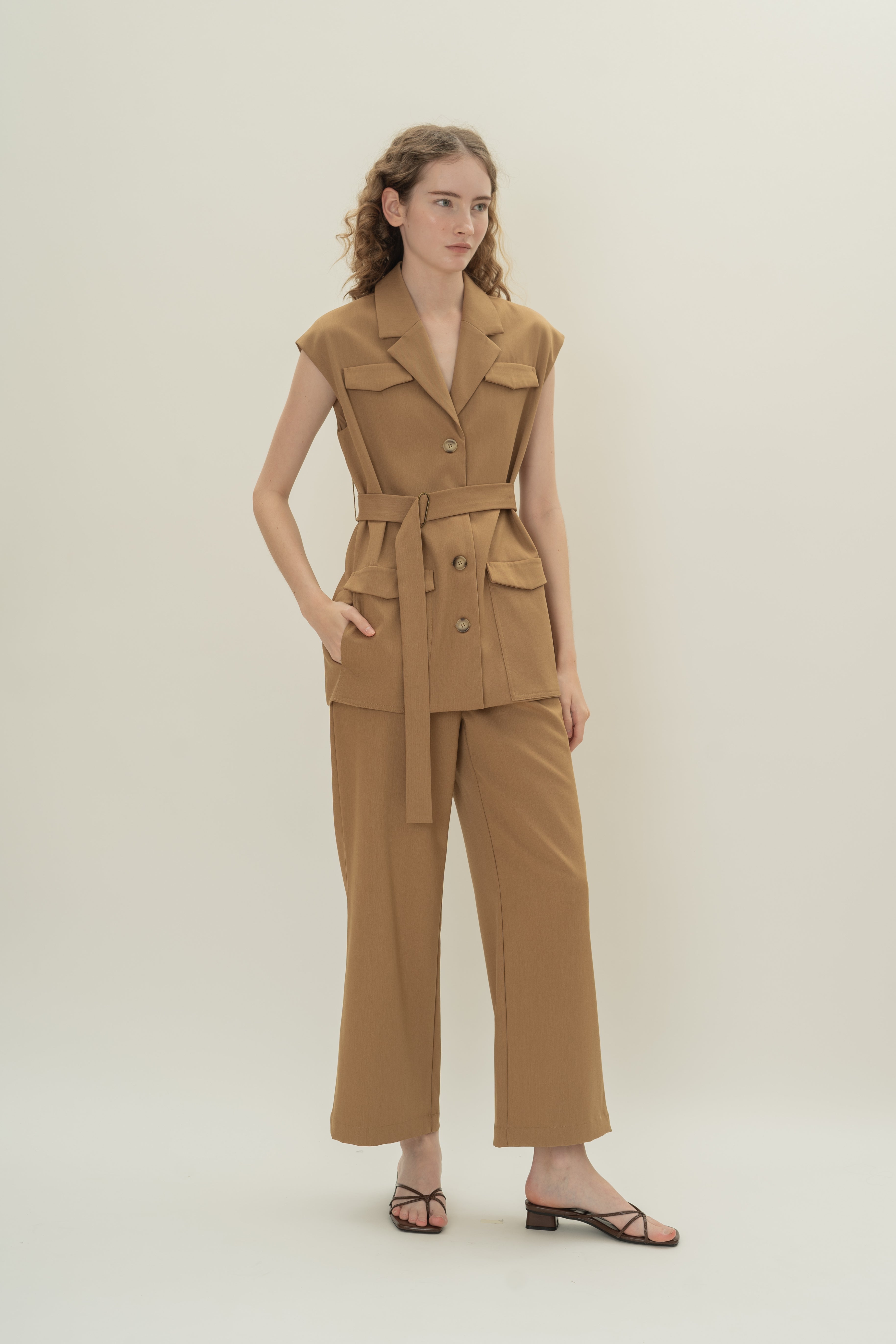 Sleeveless Belted Blazer in Camel