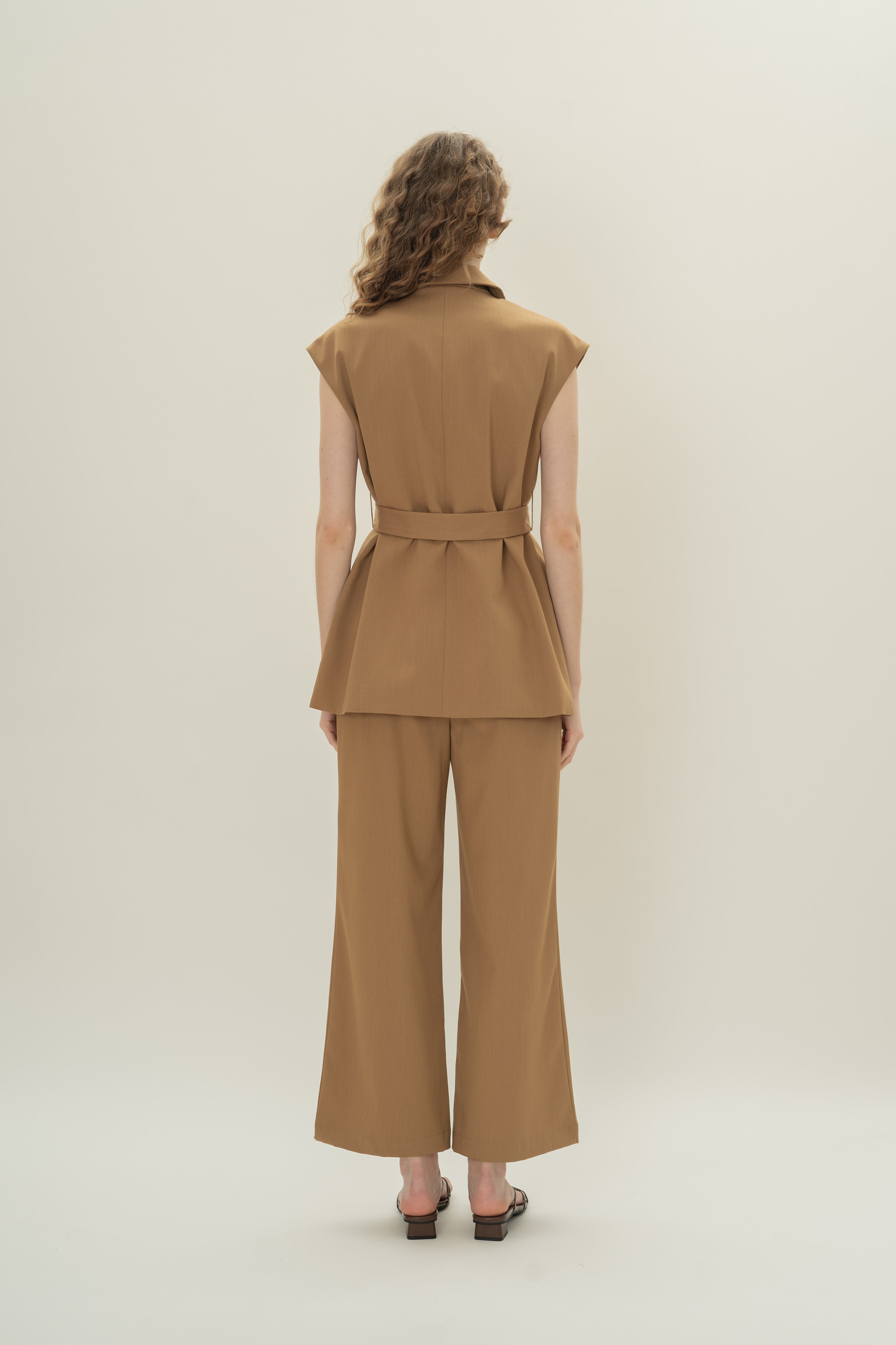 Sleeveless Belted Blazer in Camel