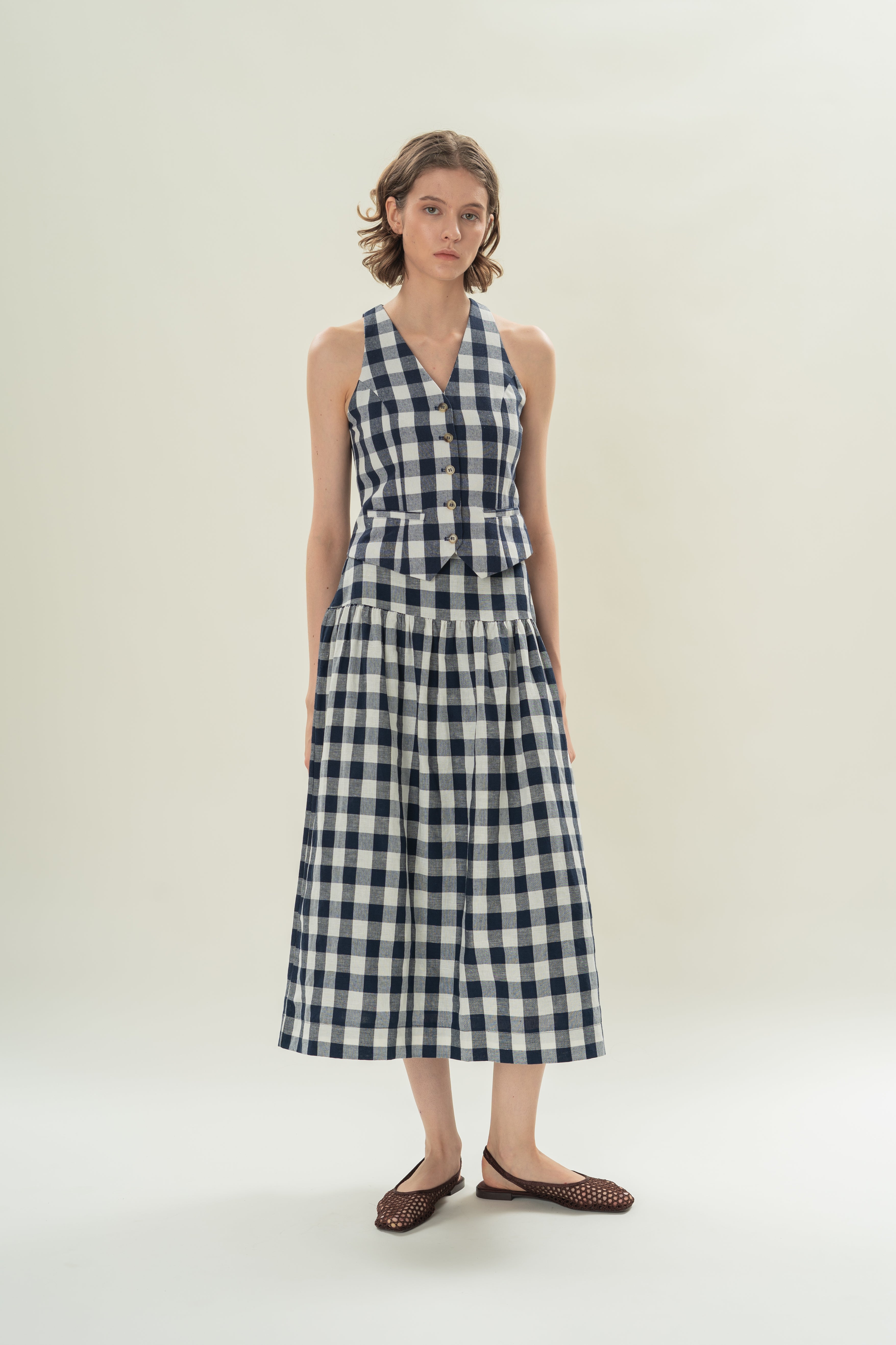 Panelled Midi Skirt With Gathers in Navy Gingham