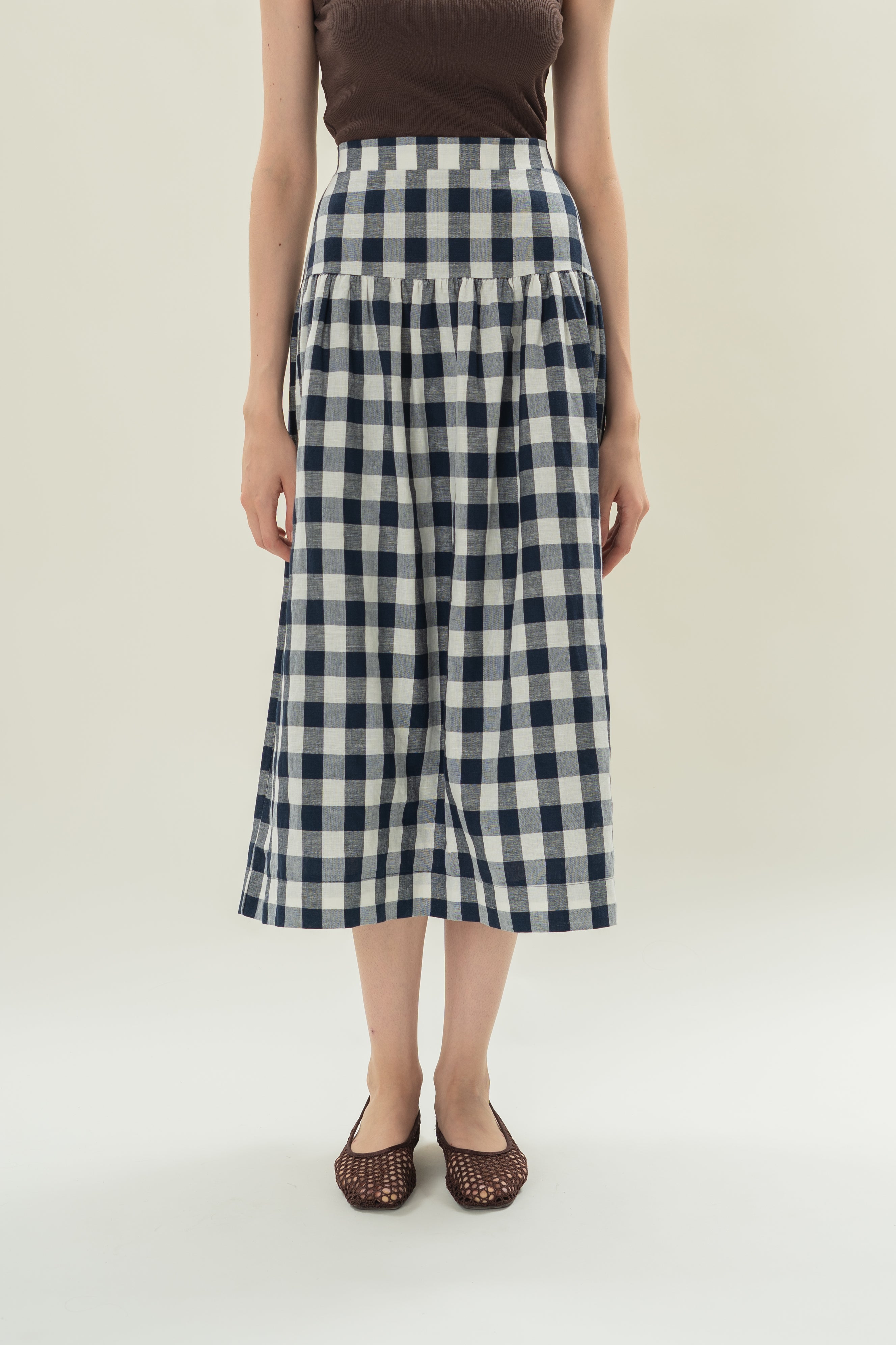 Panelled Midi Skirt With Gathers in Navy Gingham