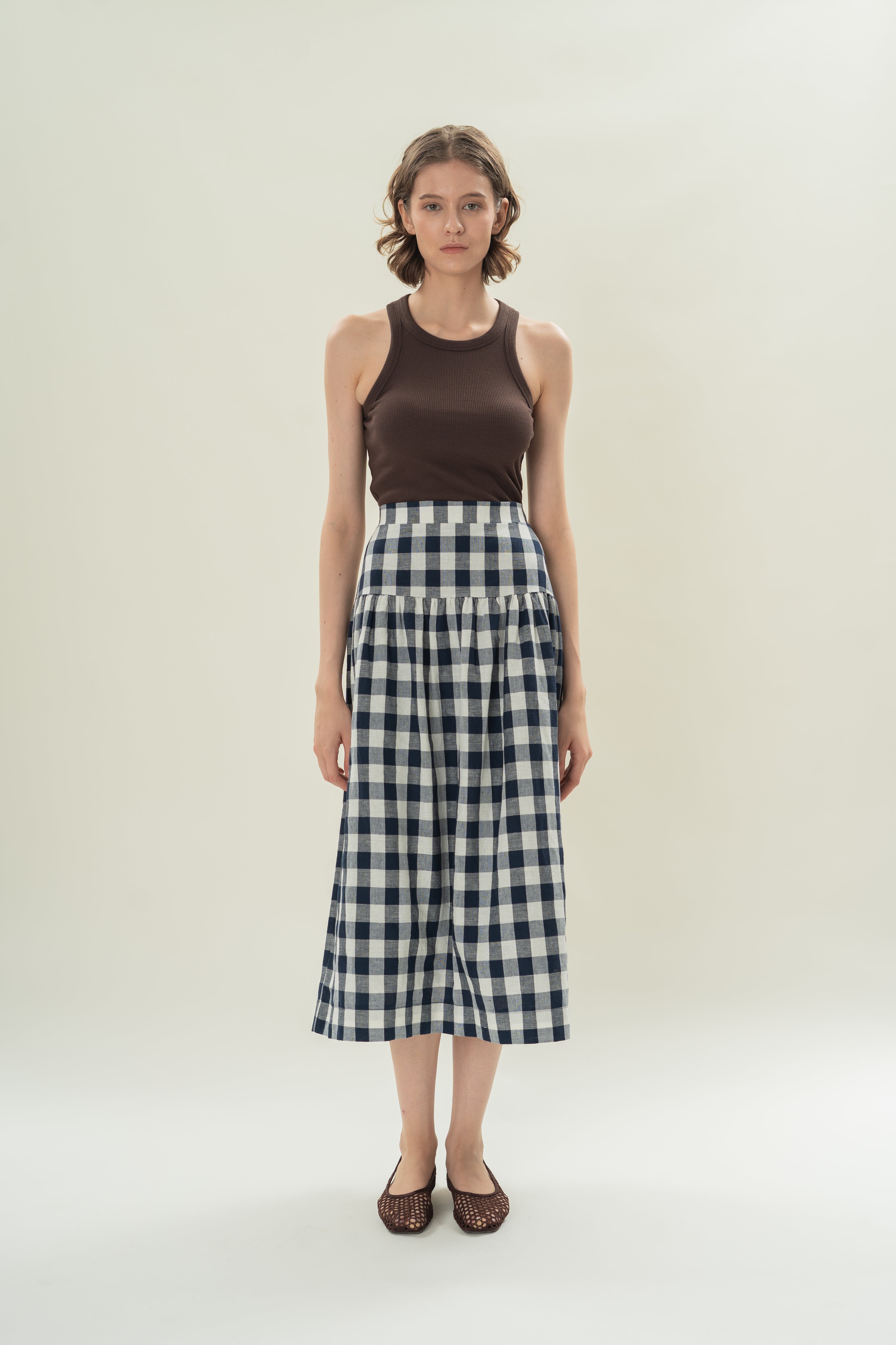 Panelled Midi Skirt With Gathers in Navy Gingham